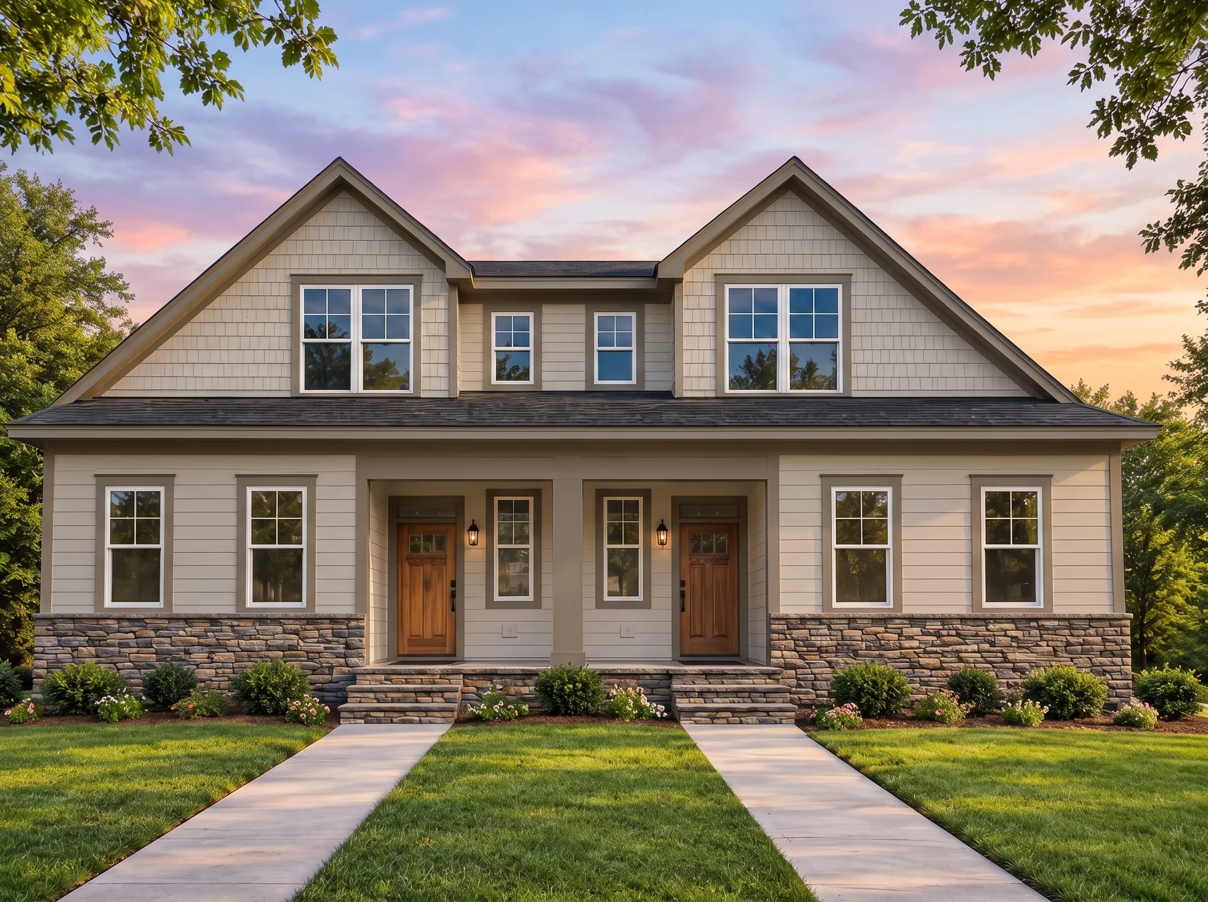 Plan  18-1132 – Auburn Bluff Farmhouse  | Traditional Colonial – 5-Bed, 5-Bath, 2,100 SF - Mushroom Taupe, AI-generated exterior concept