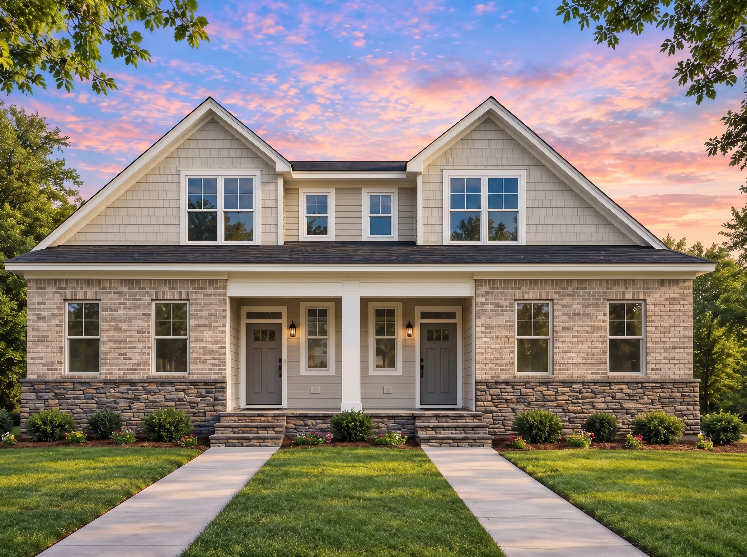 Plan  18-1132 – Auburn Bluff Farmhouse  | Traditional Colonial – 5-Bed, 5-Bath, 2,100 SF - Natural Brick, AI-generated exterior concept