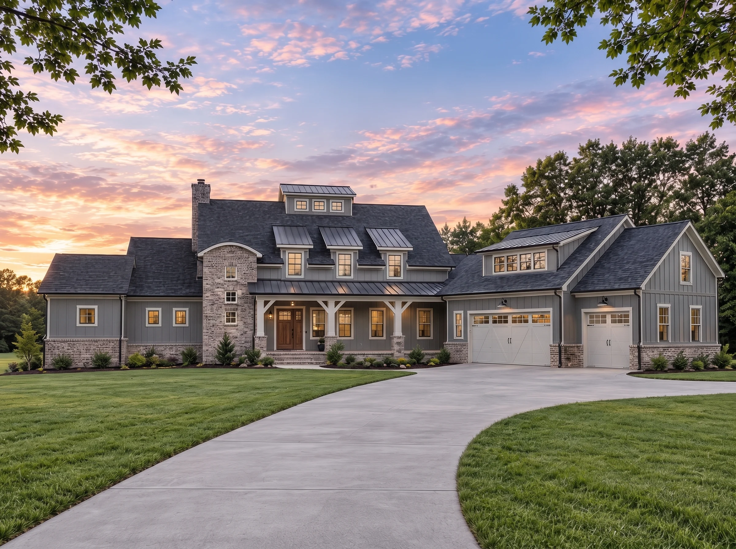 Plan  18-1104 – Aster Hollow Farm |  Modern Farmhouse – 5-Bed, 4.5-Bath, 1,491 SF - Warm Charcoal, AI-generated exterior concept