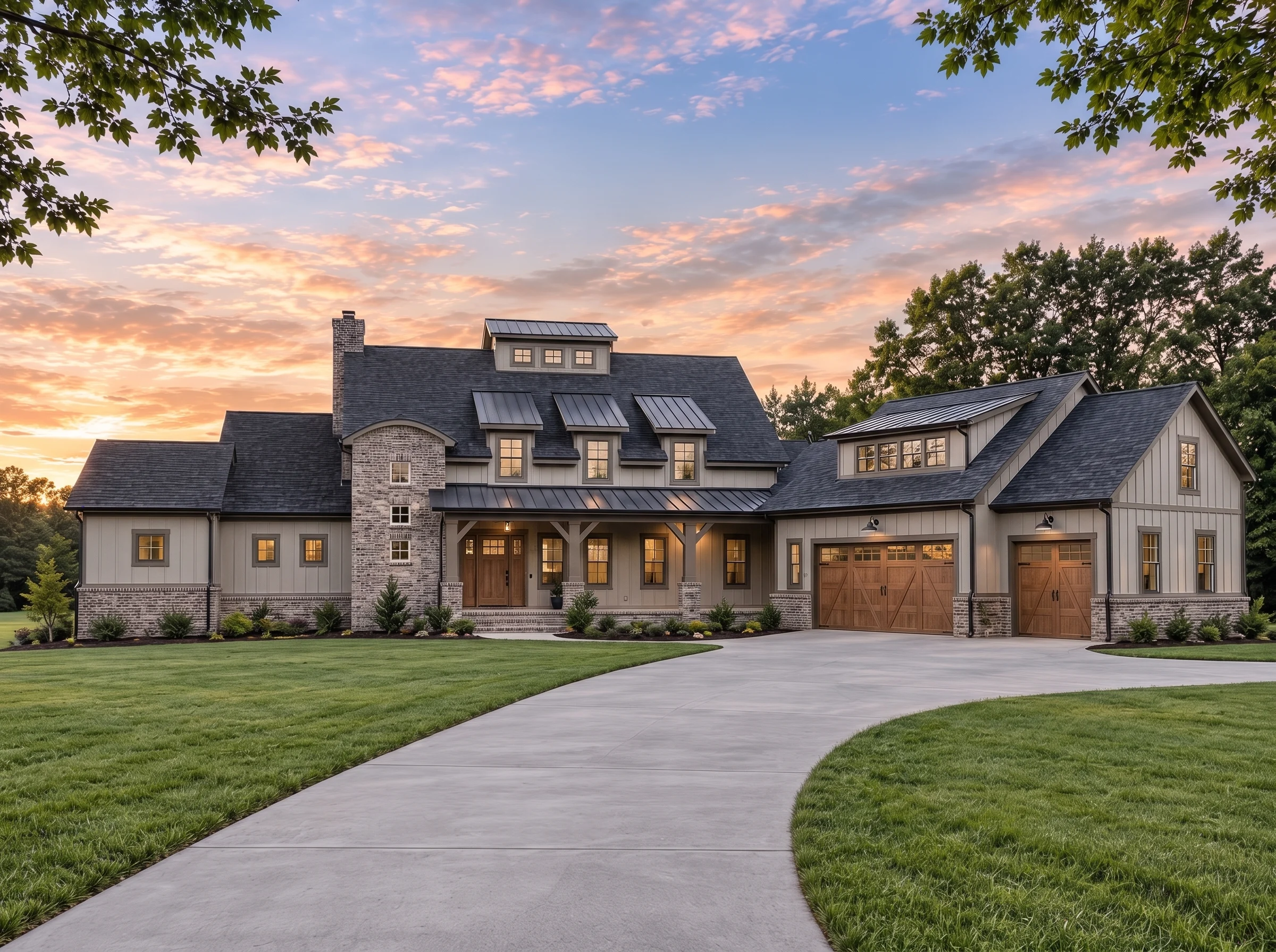 Plan  18-1104 – Aster Hollow Farm |  Modern Farmhouse – 5-Bed, 4.5-Bath, 1,491 SF - Mushroom Taupe, AI-generated exterior concept