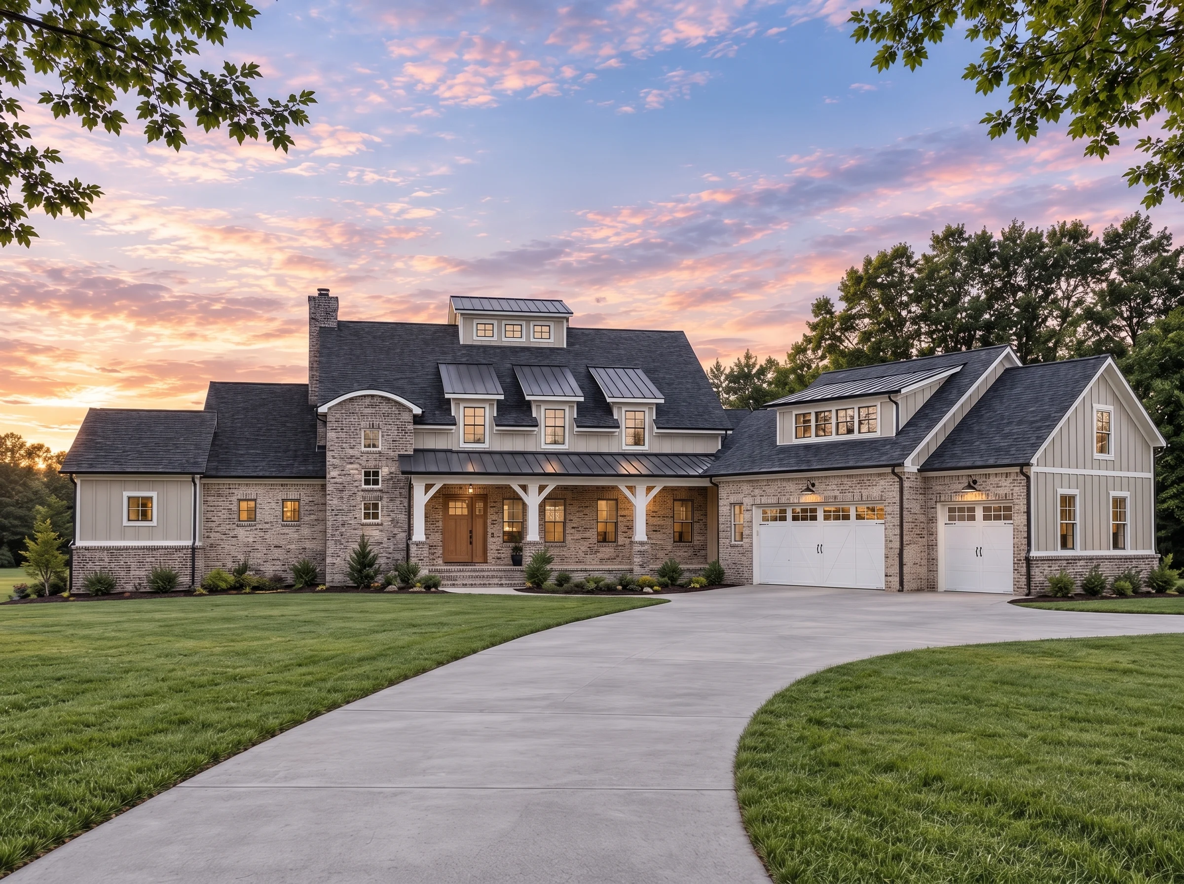 Plan  18-1104 – Aster Hollow Farm |  Modern Farmhouse – 5-Bed, 4.5-Bath, 1,491 SF - Natural Brick, AI-generated exterior concept