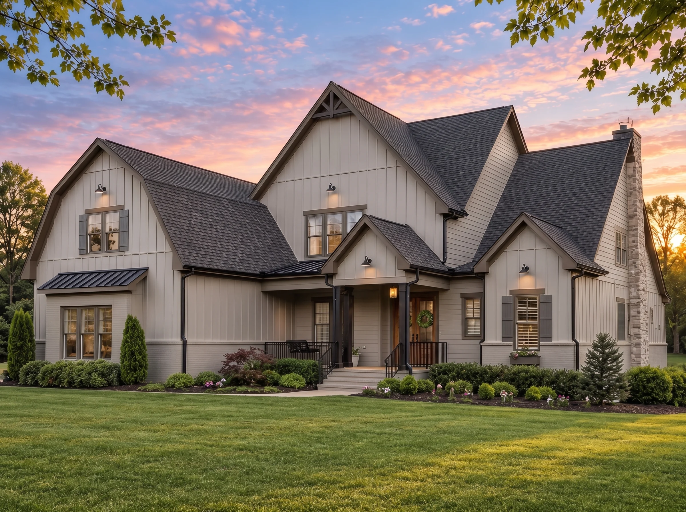 Plan  18-1080 – Barnes Walk | Modern  Farmhouse – 4-Bed, 5-Bath, 4,143 SF - Mushroom Taupe, AI-generated exterior concept