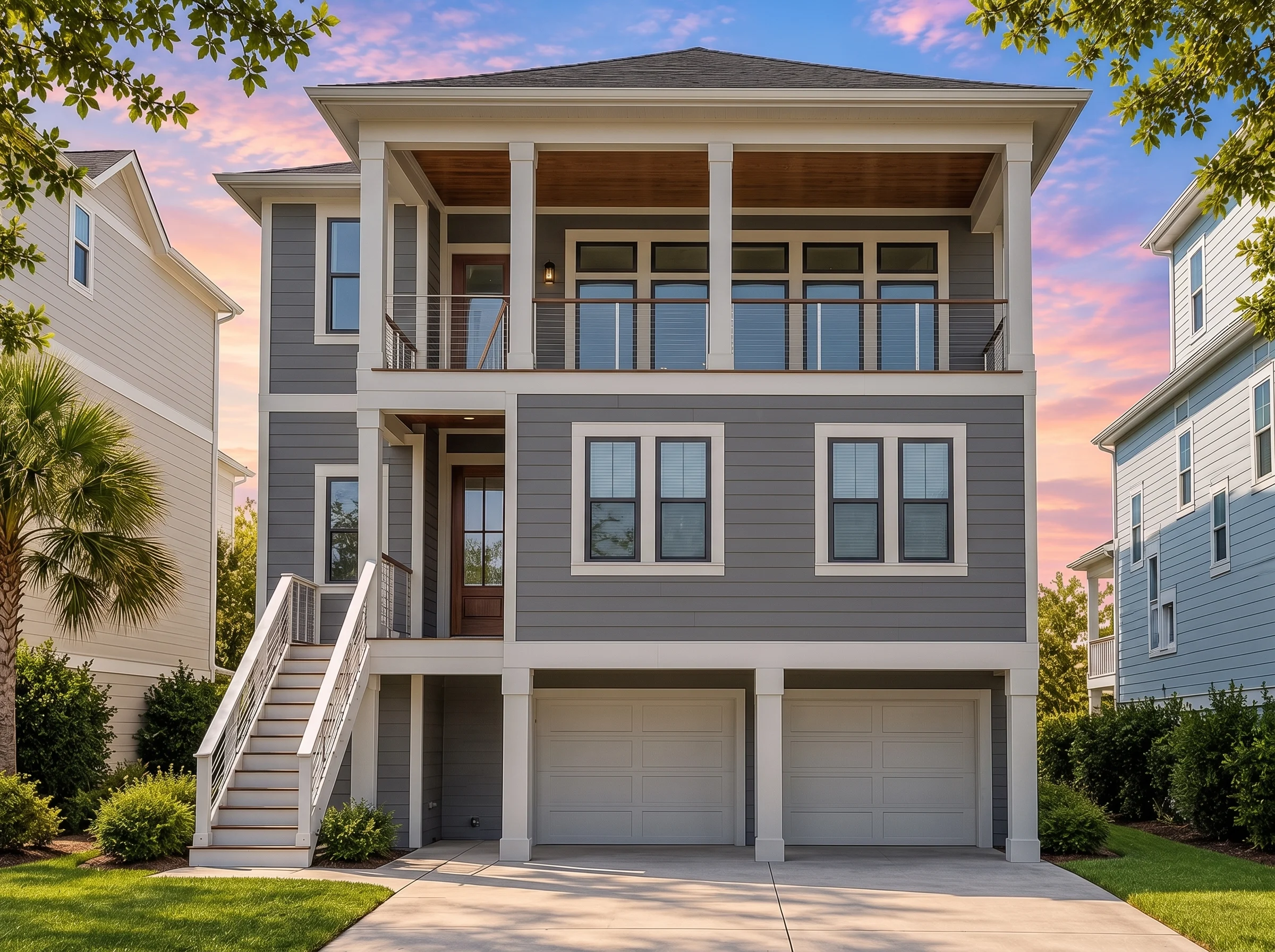 Plan  17-2158 – Mask Manor | Coastal  – 5-Bed, 4.5-Bath, 3,930 SF - Warm Charcoal, AI-generated exterior concept