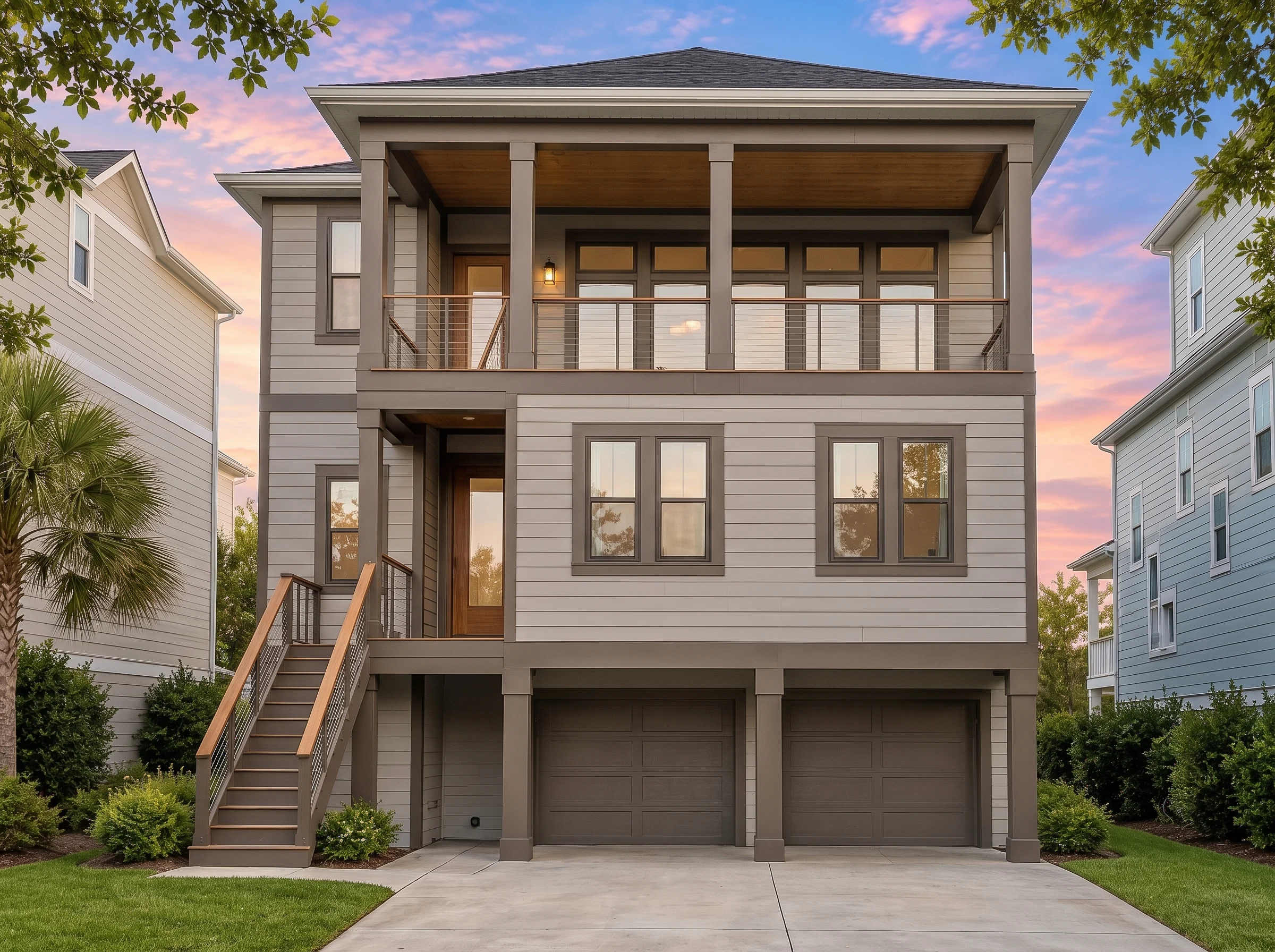 Plan  17-2158 – Mask Manor | Coastal  – 5-Bed, 4.5-Bath, 3,930 SF - Mushroom Taupe, AI-generated exterior concept