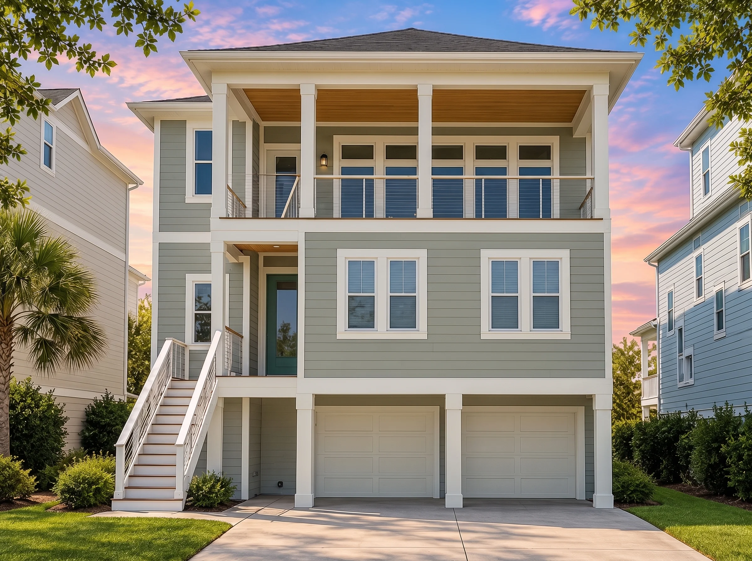 Plan  17-2158 – Mask Manor | Coastal  – 5-Bed, 4.5-Bath, 3,930 SF - Muted Sage, AI-generated exterior concept
