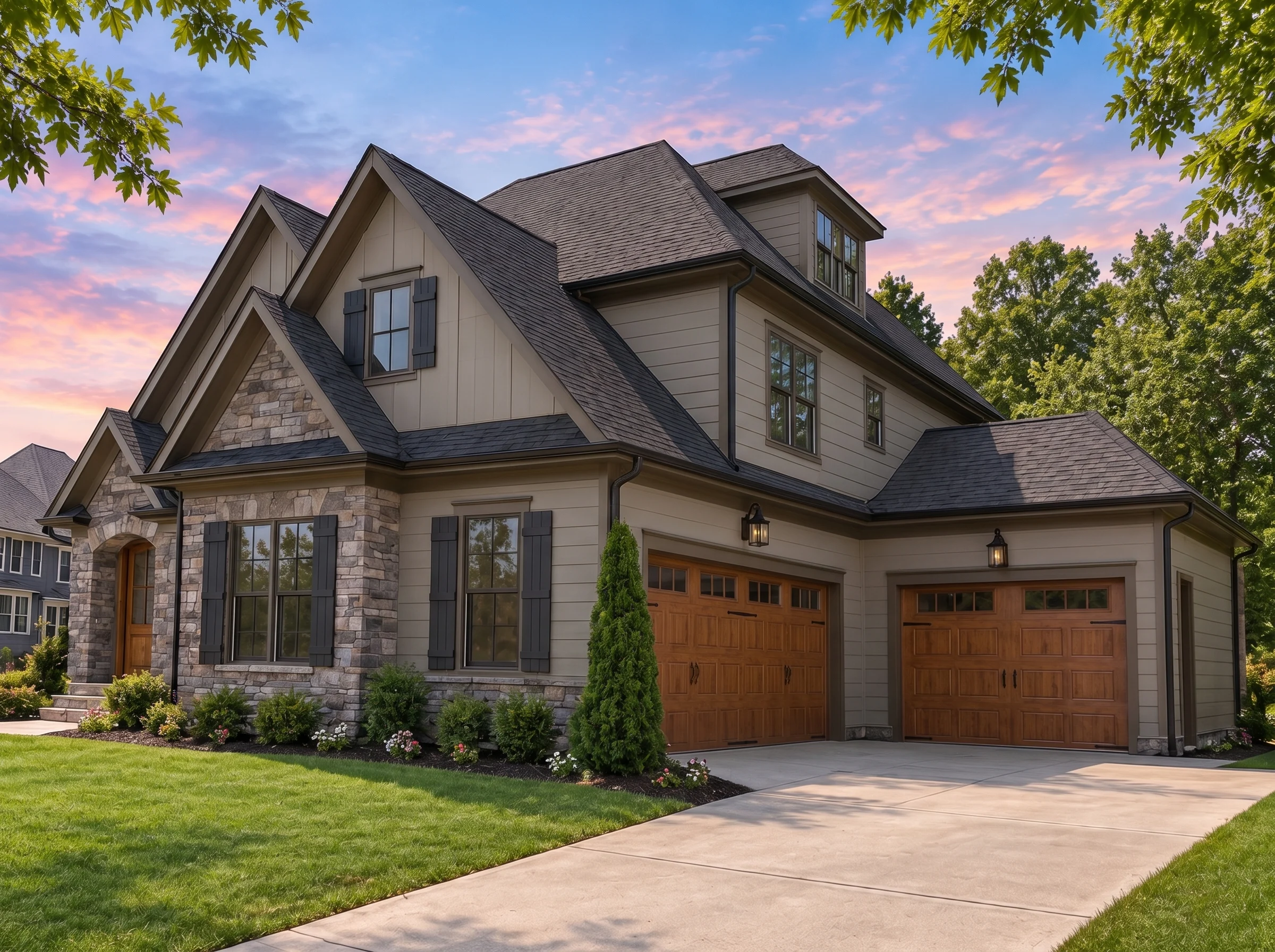 Plan  17-2141 – Utah Basin | New  American – 4-Bed, 3.5-Bath, 1,725 SF - Mushroom Taupe, AI-generated exterior concept