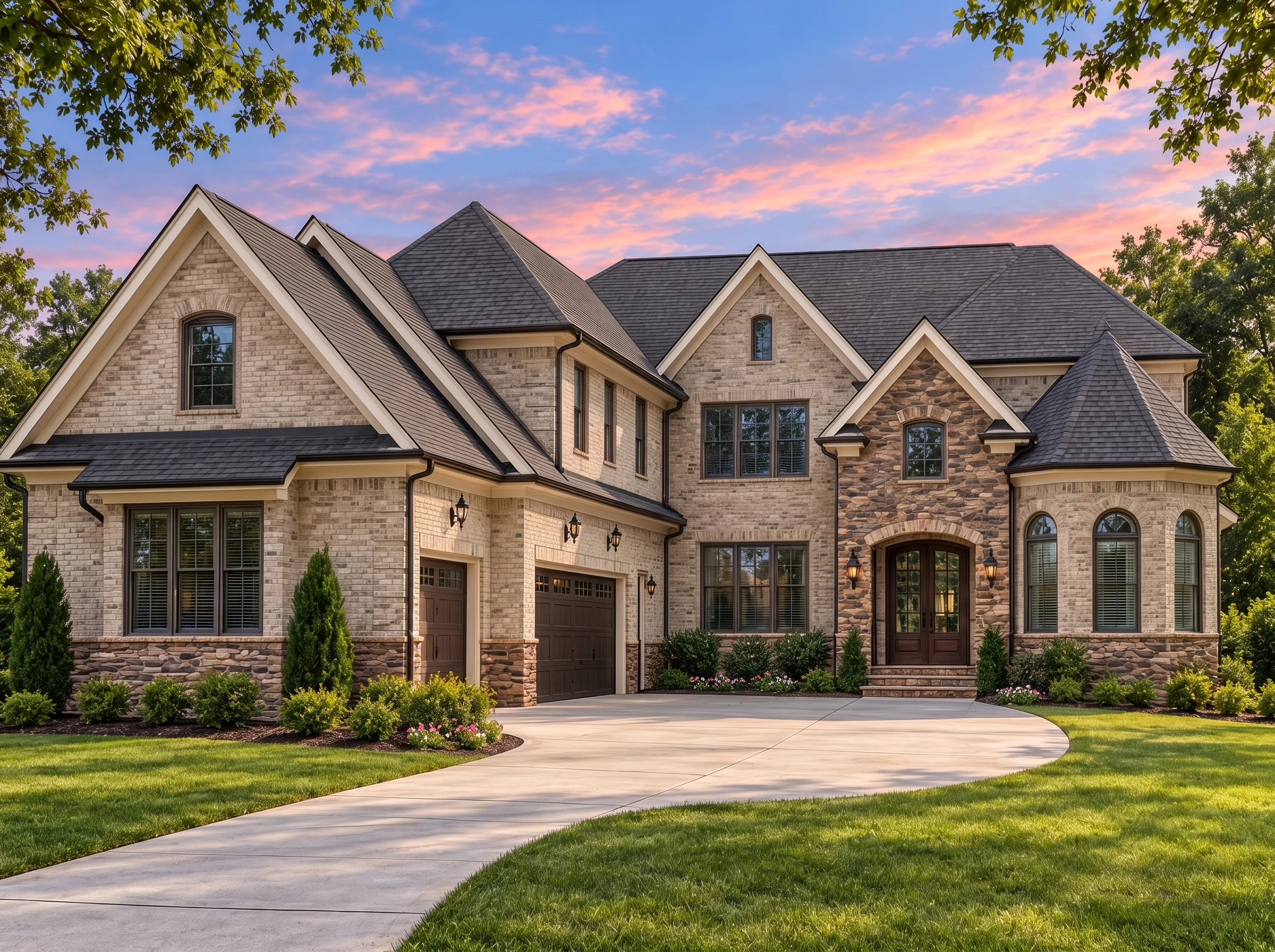 Plan  17-2135 – The Watson Manor |  European Traditional – 5-Bed, 5-Bath, 5,958 SF - Natural Brick, AI-generated exterior concept