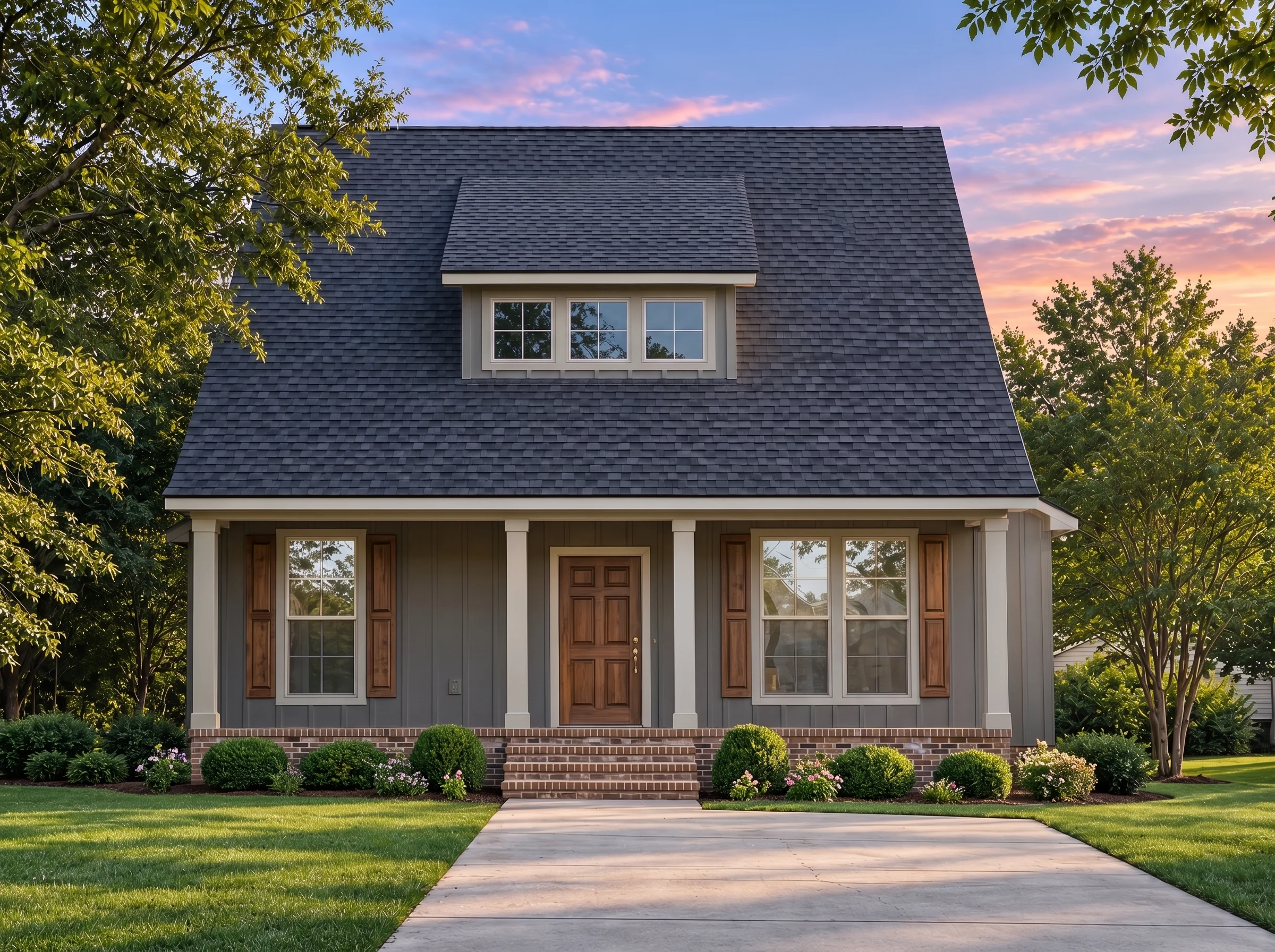 Plan  17-2123 – Aster Woods House |  Cape Cod – 3-Bed, 2.5-Bath, 5,029 SF - Warm Charcoal, AI-generated exterior concept