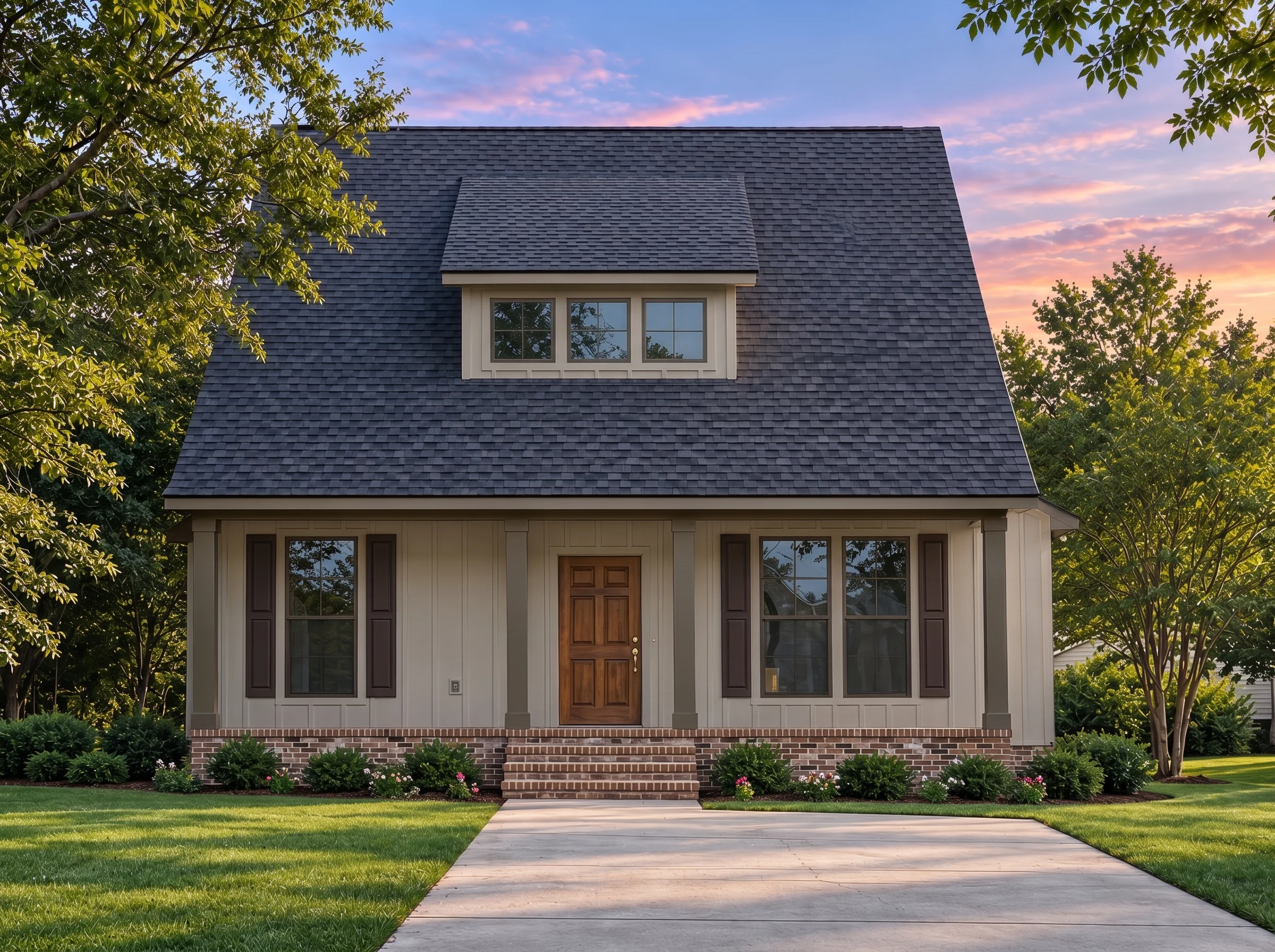 Plan  17-2123 – Aster Woods House |  Cape Cod – 3-Bed, 2.5-Bath, 5,029 SF - Mushroom Taupe, AI-generated exterior concept
