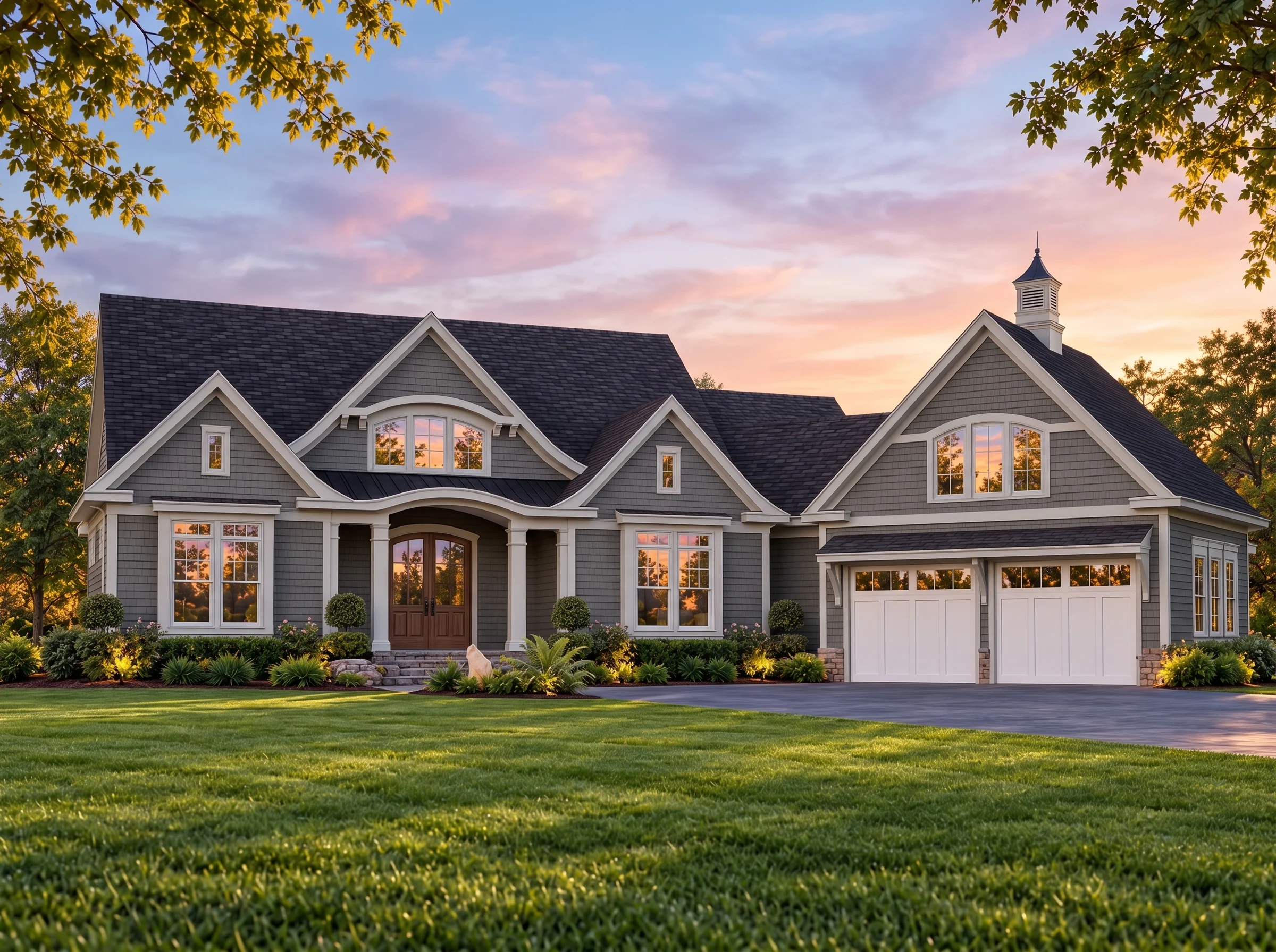 Plan  18-1198 – Powell Crossing |  Shingle Style – 3-Bed, 4.5-Bath, 2,242 SF - Warm Charcoal, AI-generated exterior concept