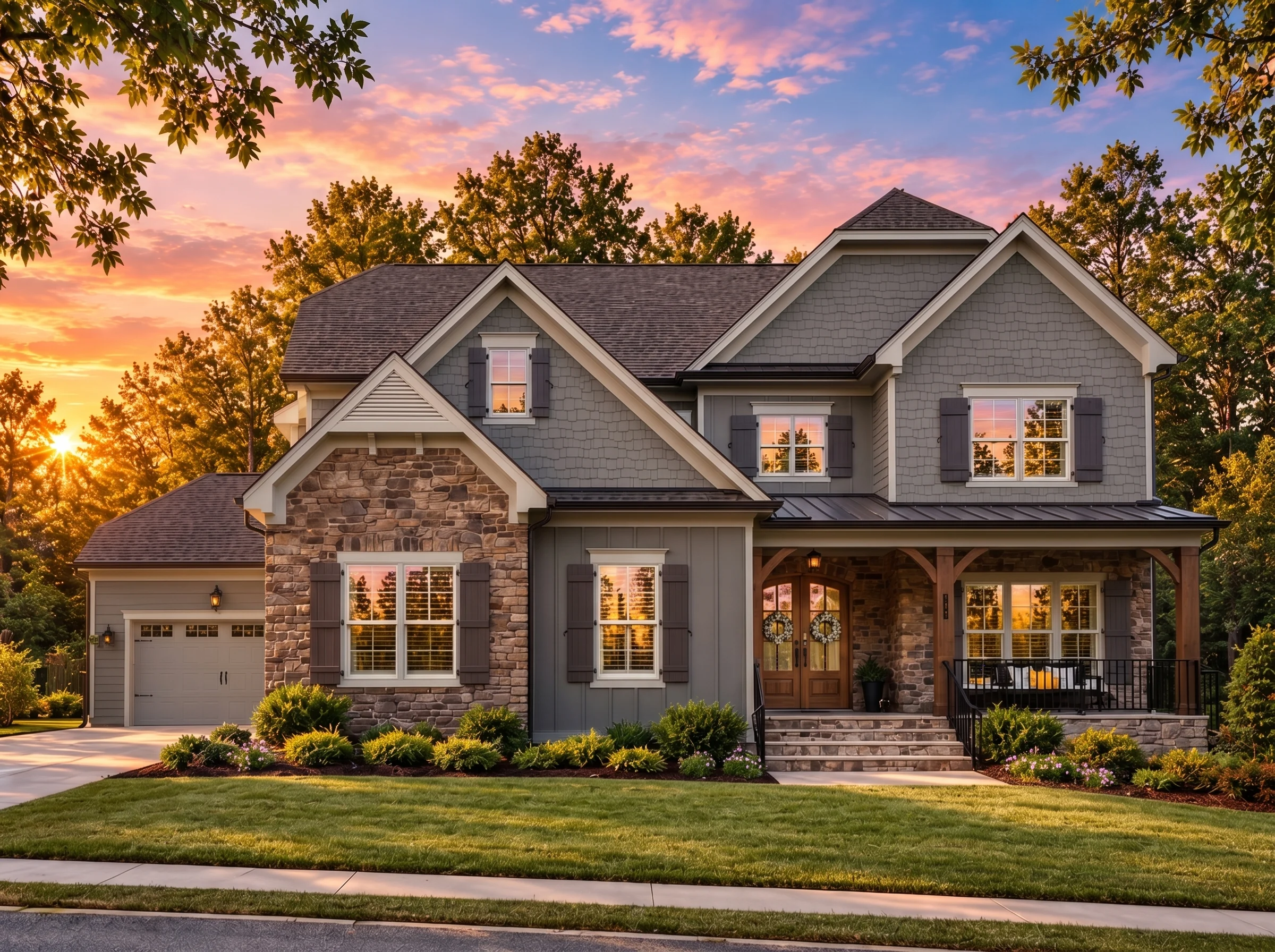 Plan  18-1191 – Aster Oak Place |  New American – 5-Bed, 5-Bath, 3,981 SF - Warm Charcoal, AI-generated exterior concept