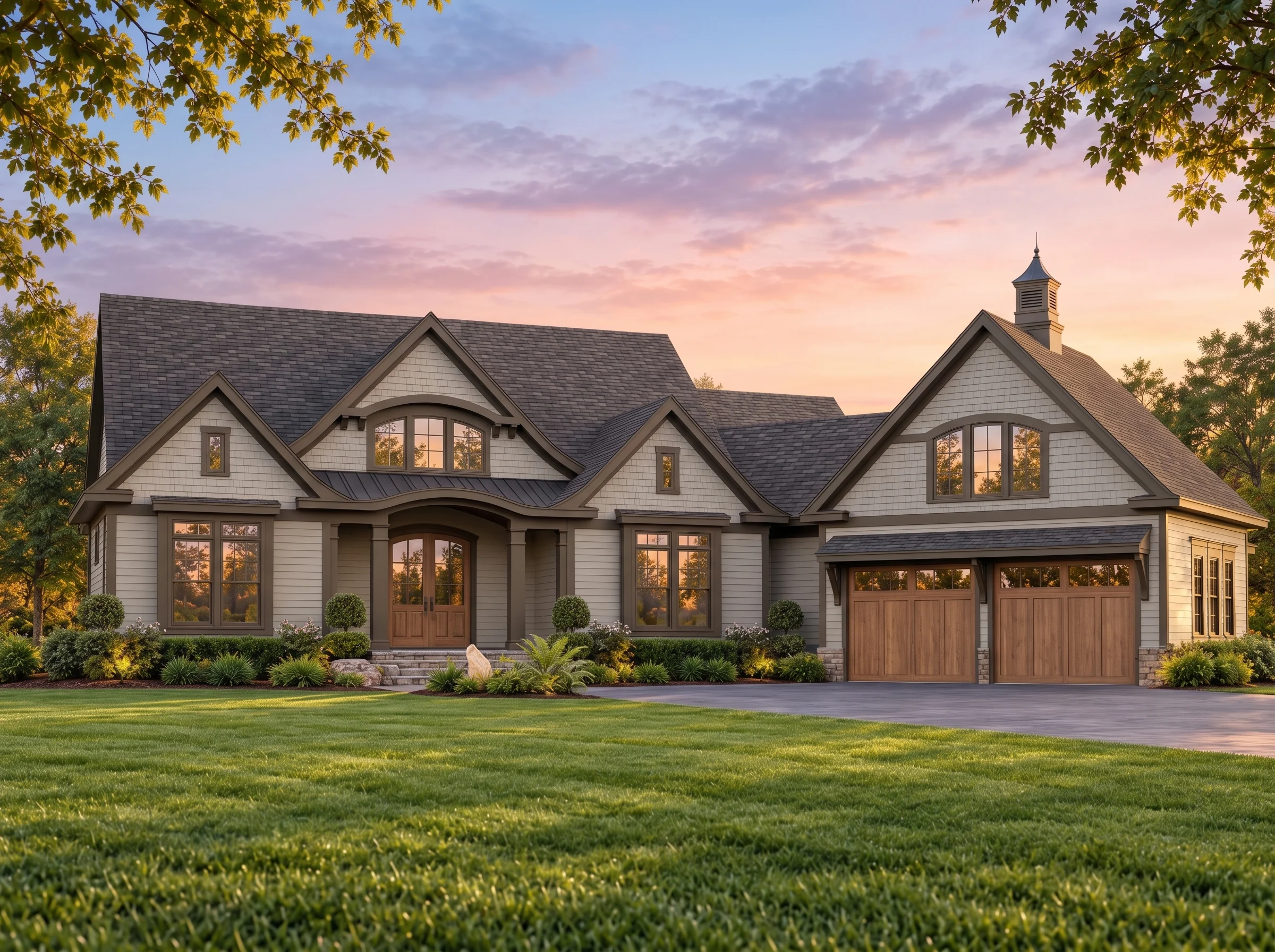 Plan  18-1198 – Powell Crossing |  Shingle Style – 3-Bed, 4.5-Bath, 2,242 SF - Mushroom Taupe, AI-generated exterior concept