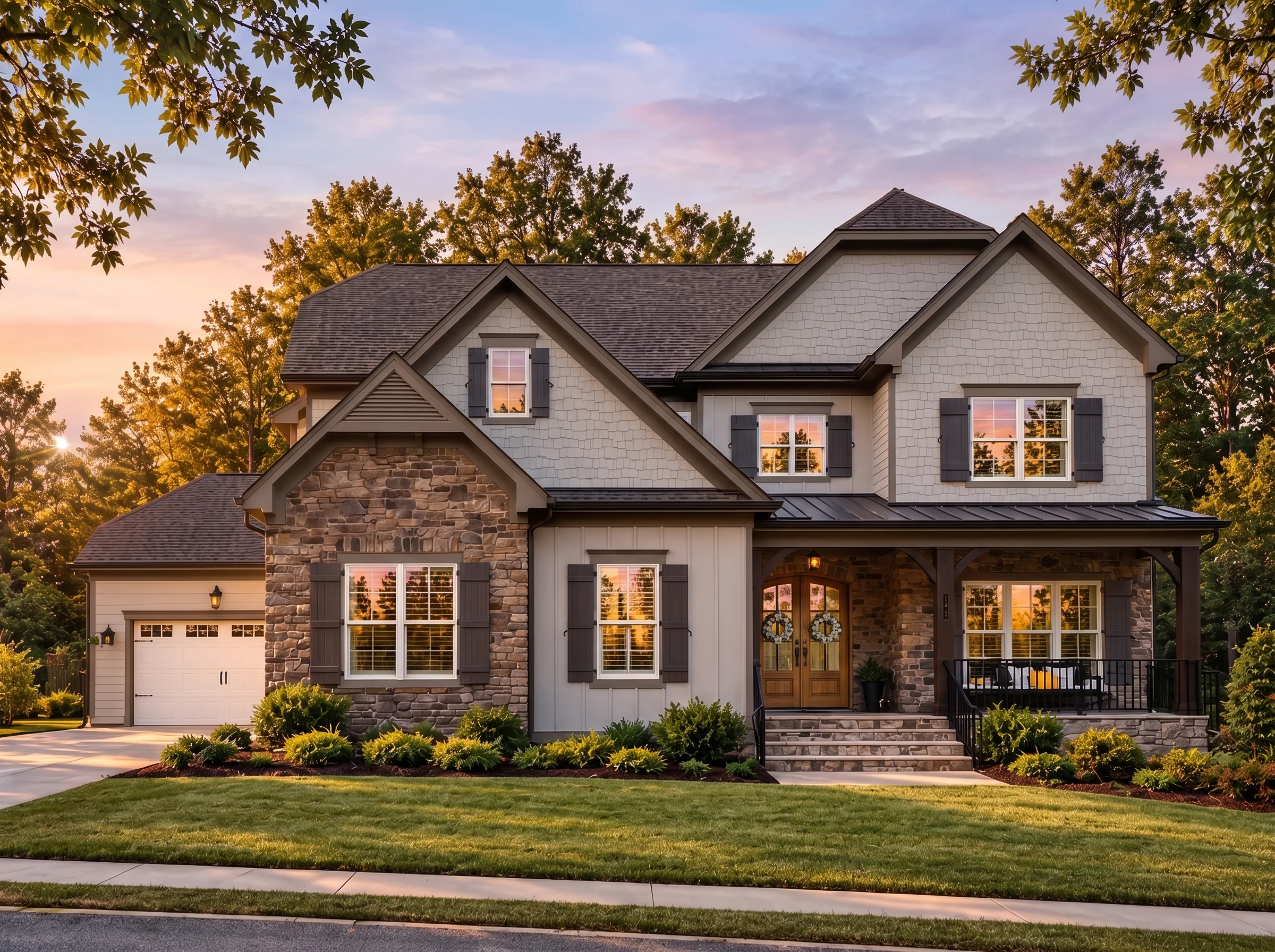 Plan  18-1191 – Aster Oak Place |  New American – 5-Bed, 5-Bath, 3,981 SF - Mushroom Taupe, AI-generated exterior concept