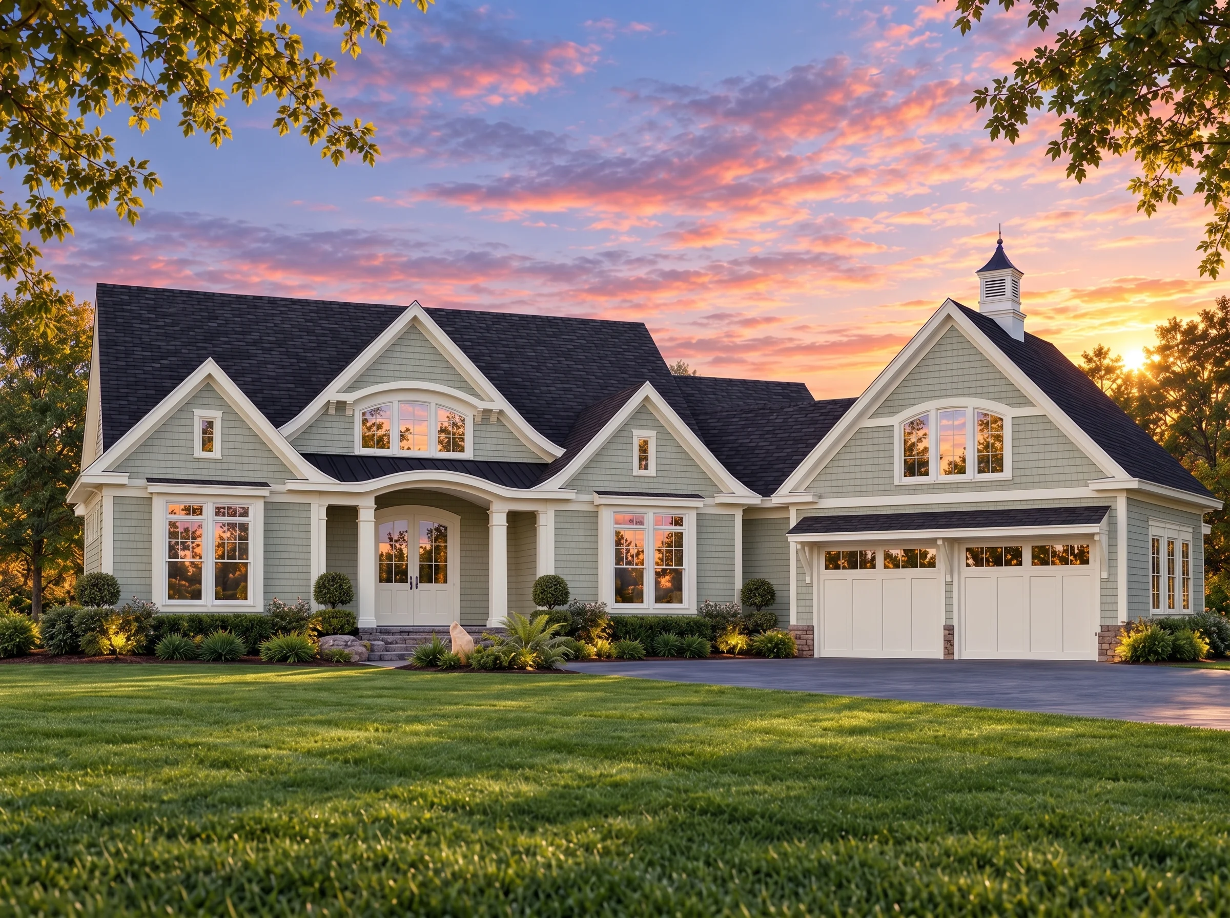Plan  18-1198 – Powell Crossing |  Shingle Style – 3-Bed, 4.5-Bath, 2,242 SF - Muted Sage, AI-generated exterior concept
