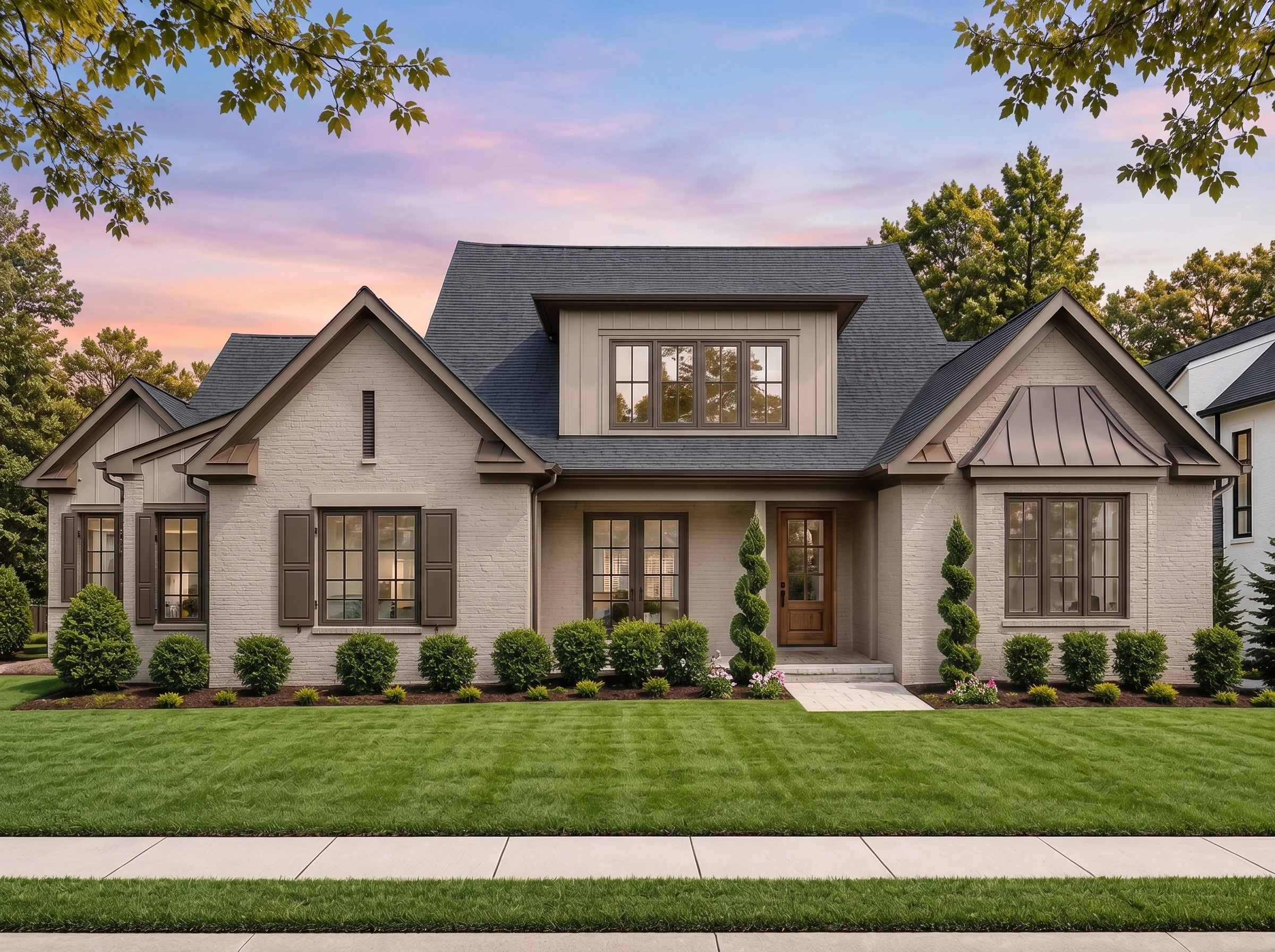 Plan  18-1179 – Aster Bluff Residence  | Modern Farmhouse – 5-Bed, 5-Bath, 4,914 SF - Mushroom Taupe, AI-generated exterior concept