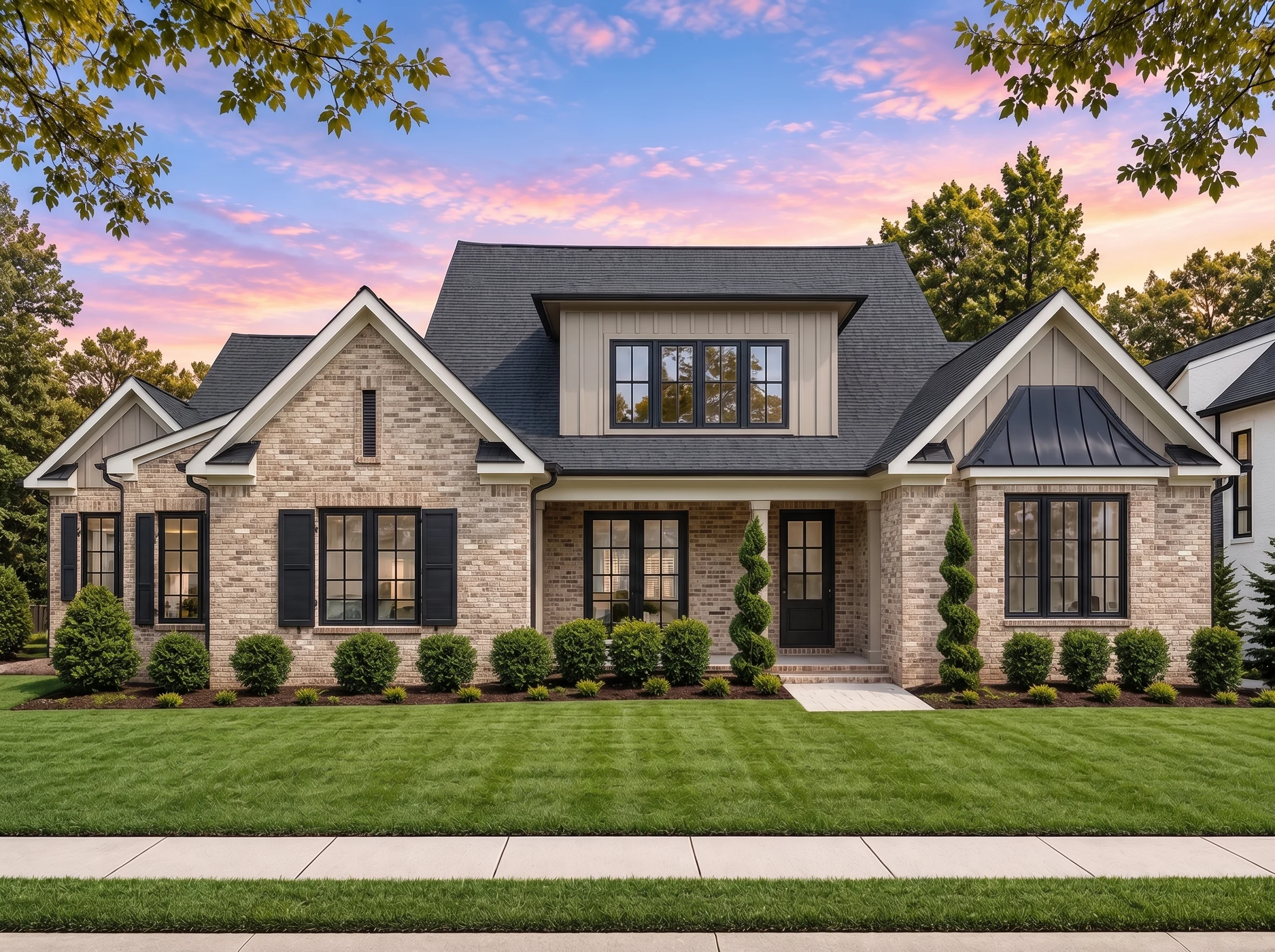 Plan  18-1179 – Aster Bluff Residence  | Modern Farmhouse – 5-Bed, 5-Bath, 4,914 SF - Natural Brick, AI-generated exterior concept