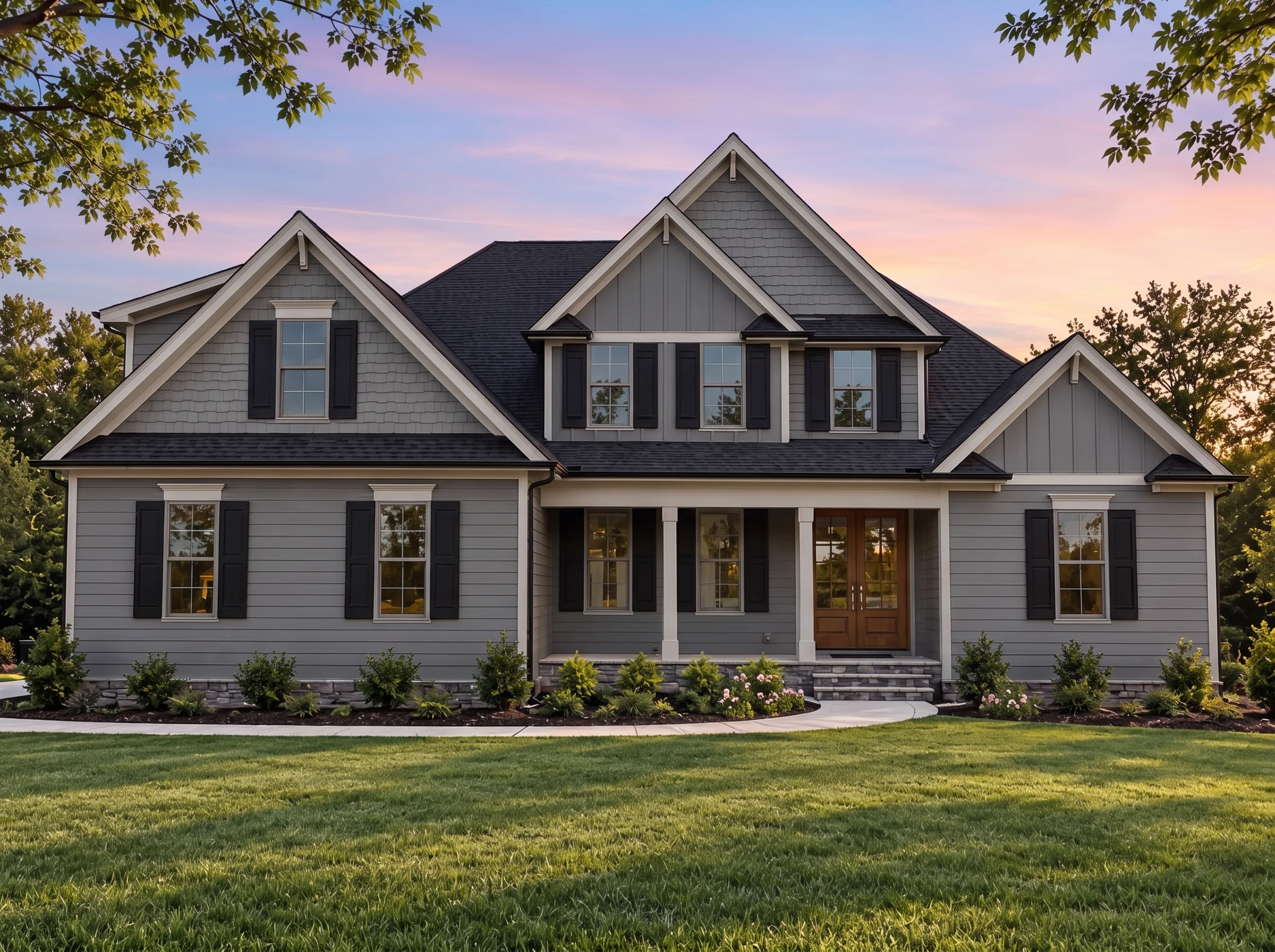 Plan  18-1173 – Aster Crest Estate |  New American – 4-Bed, 3.5-Bath, 2,806 SF - Warm Charcoal, AI-generated exterior concept