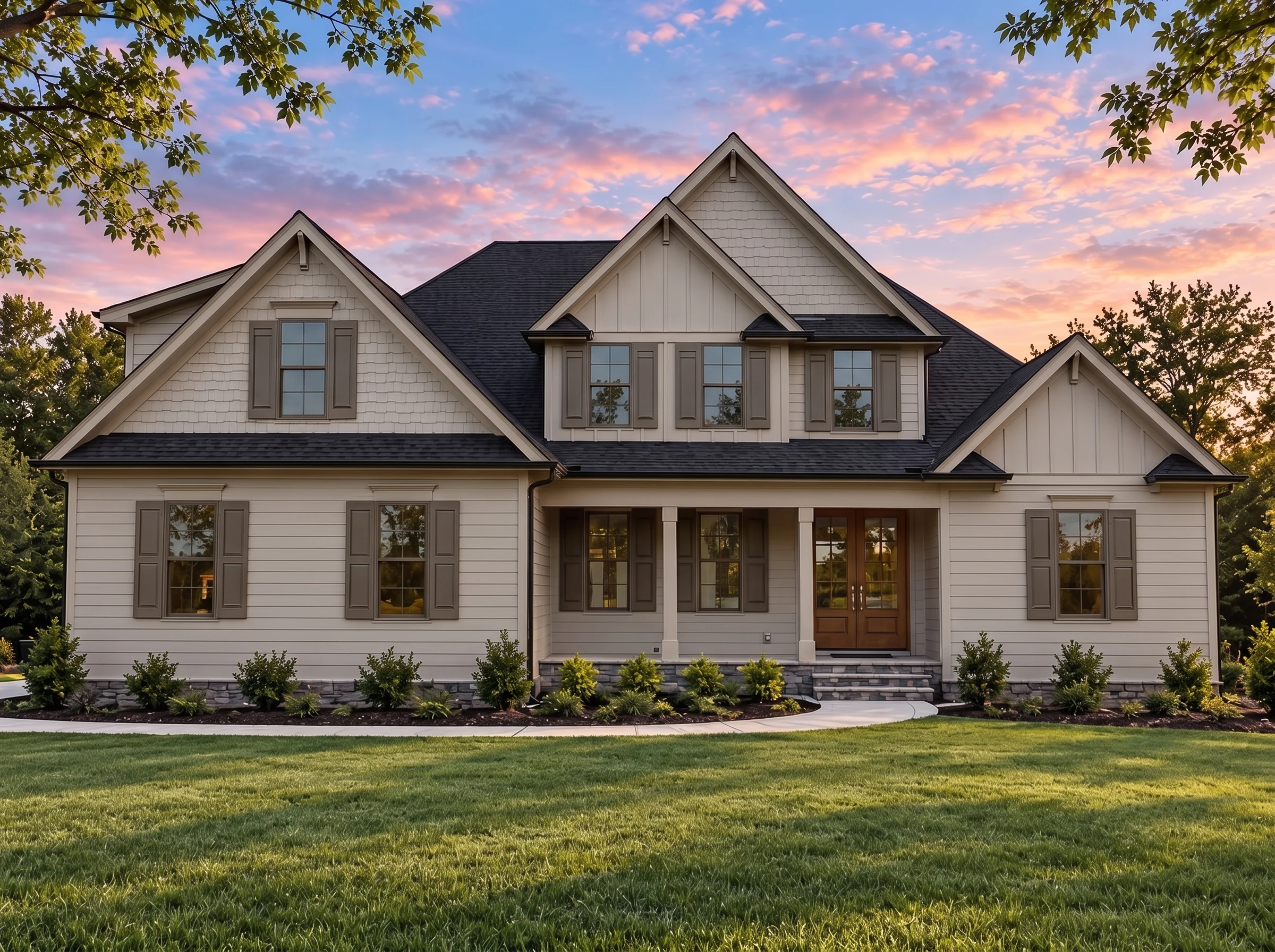 Plan  18-1173 – Aster Crest Estate |  New American – 4-Bed, 3.5-Bath, 2,806 SF - Mushroom Taupe, AI-generated exterior concept