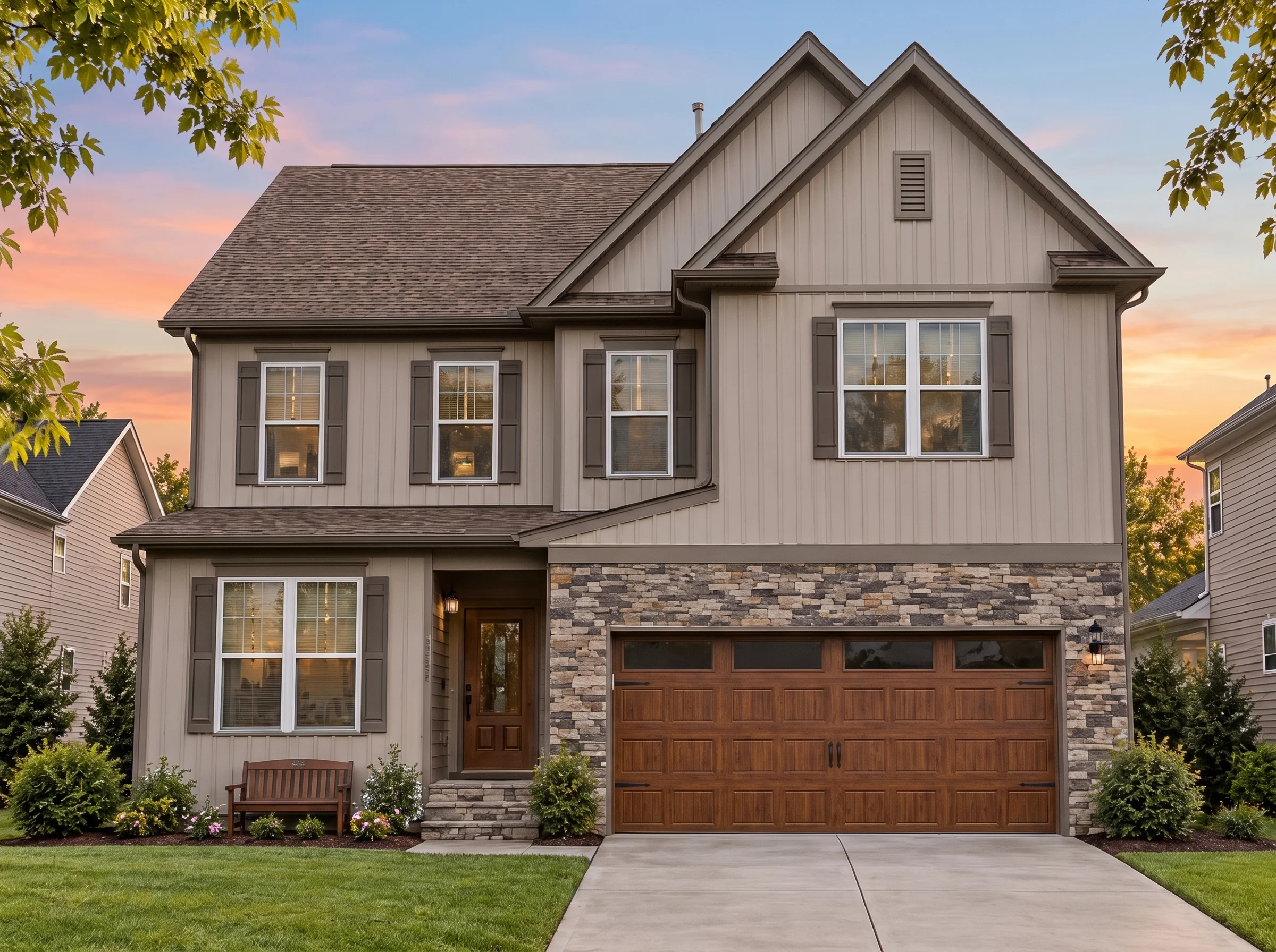 Plan  18-1165 – Aster Summit Place |  New American – 4-Bed, 3-Bath, 4,071 SF - Mushroom Taupe, AI-generated exterior concept