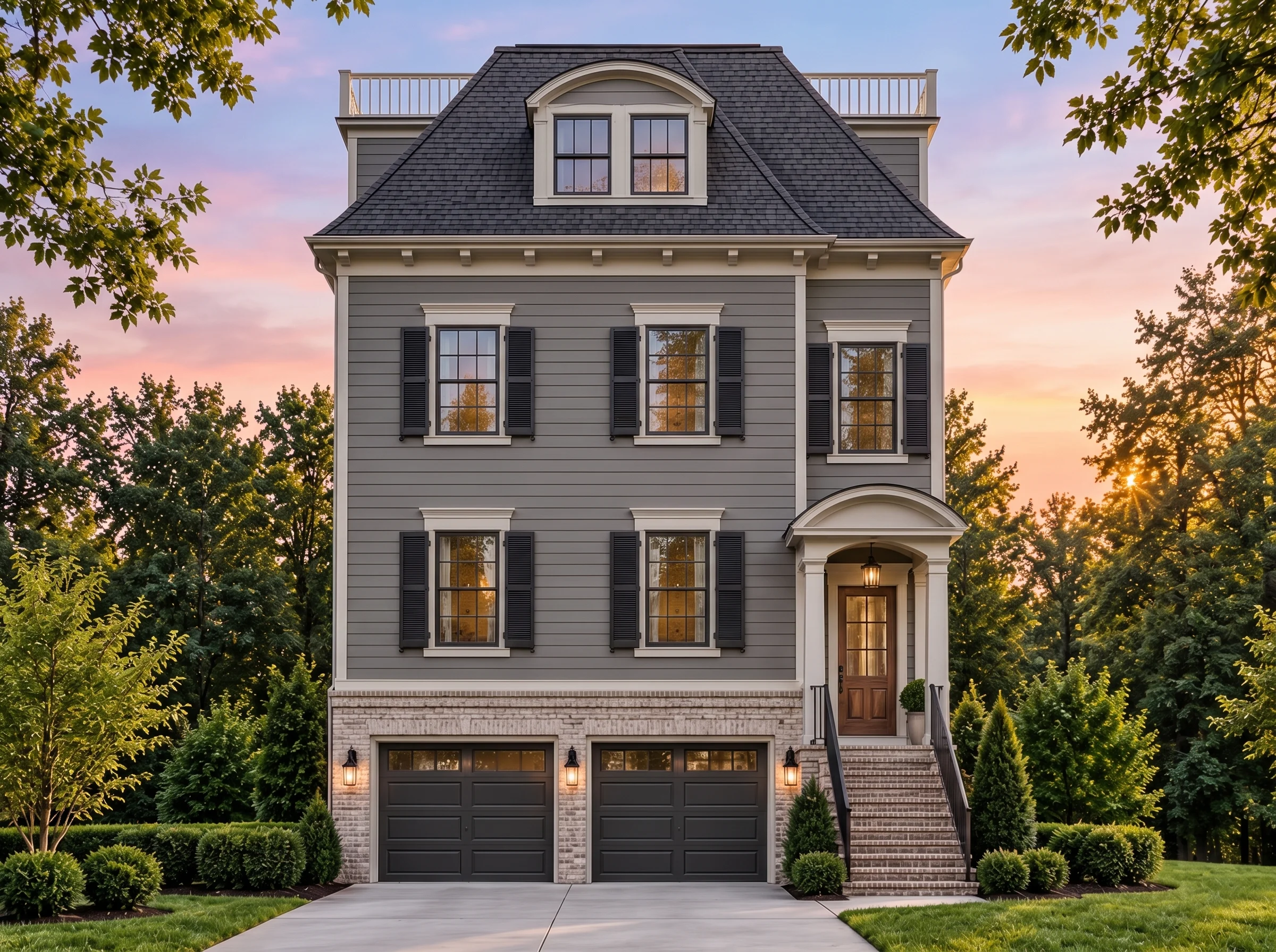 Plan  18-1149 – Auburn Oak Retreat |  Classical Southern – 5-Bed, 5-Bath, 4,438 SF - Warm Charcoal, AI-generated exterior concept