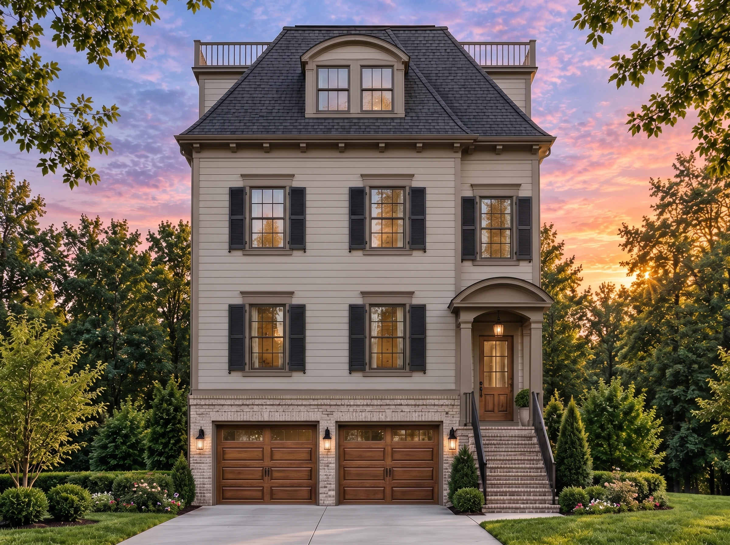 Plan  18-1149 – Auburn Oak Retreat |  Classical Southern – 5-Bed, 5-Bath, 4,438 SF - Mushroom Taupe, AI-generated exterior concept