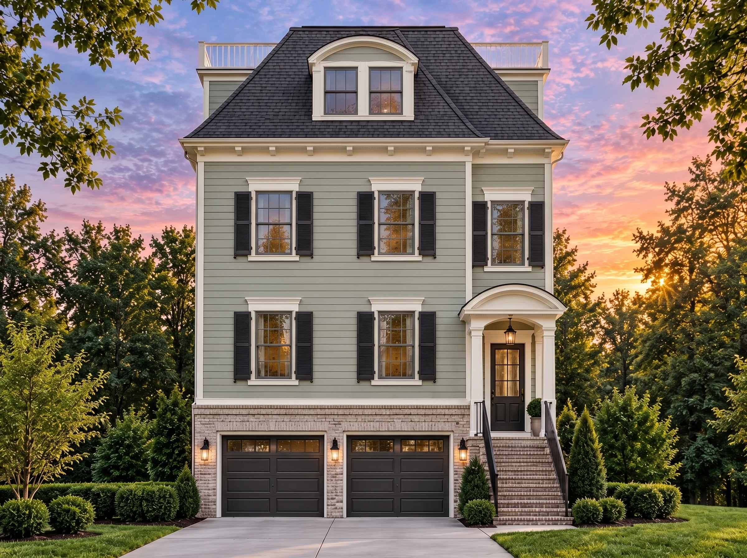 Plan  18-1149 – Auburn Oak Retreat |  Classical Southern – 5-Bed, 5-Bath, 4,438 SF - Muted Sage, AI-generated exterior concept