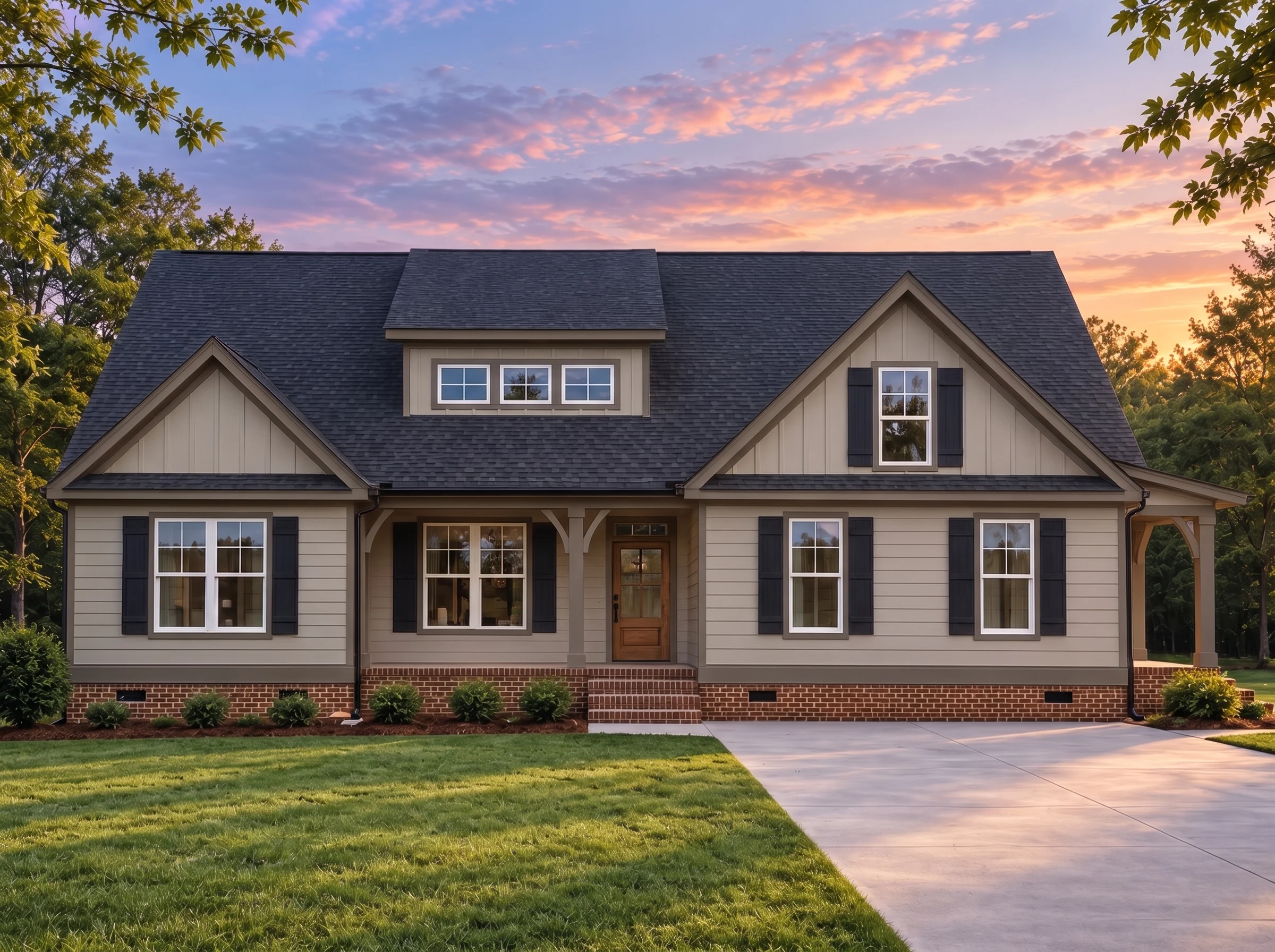 Plan  18-1241 – Auburn Creek Estate  | Modern Farmhouse – 3-Bed, 2-Bath, 2,262 SF - Mushroom Taupe, AI-generated exterior concept