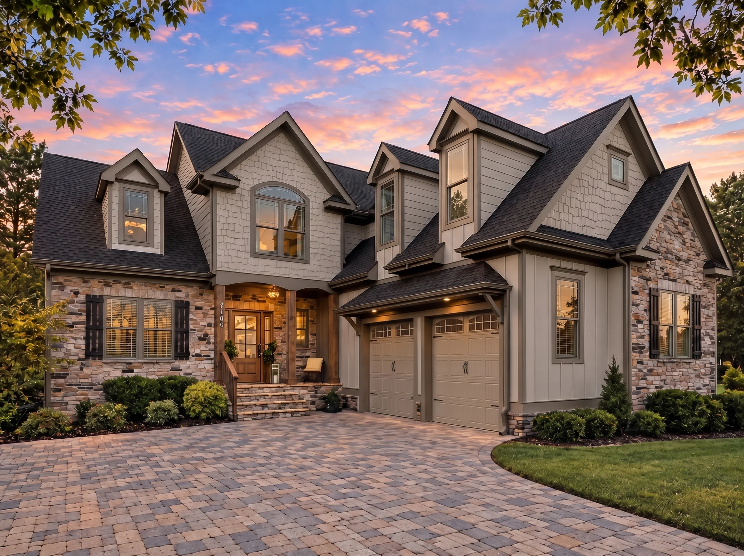 Plan  18-1304 – Butler Lodge | New  American – 3-Bed, 3-Bath, 2,482 SF - Mushroom Taupe, AI-generated exterior concept