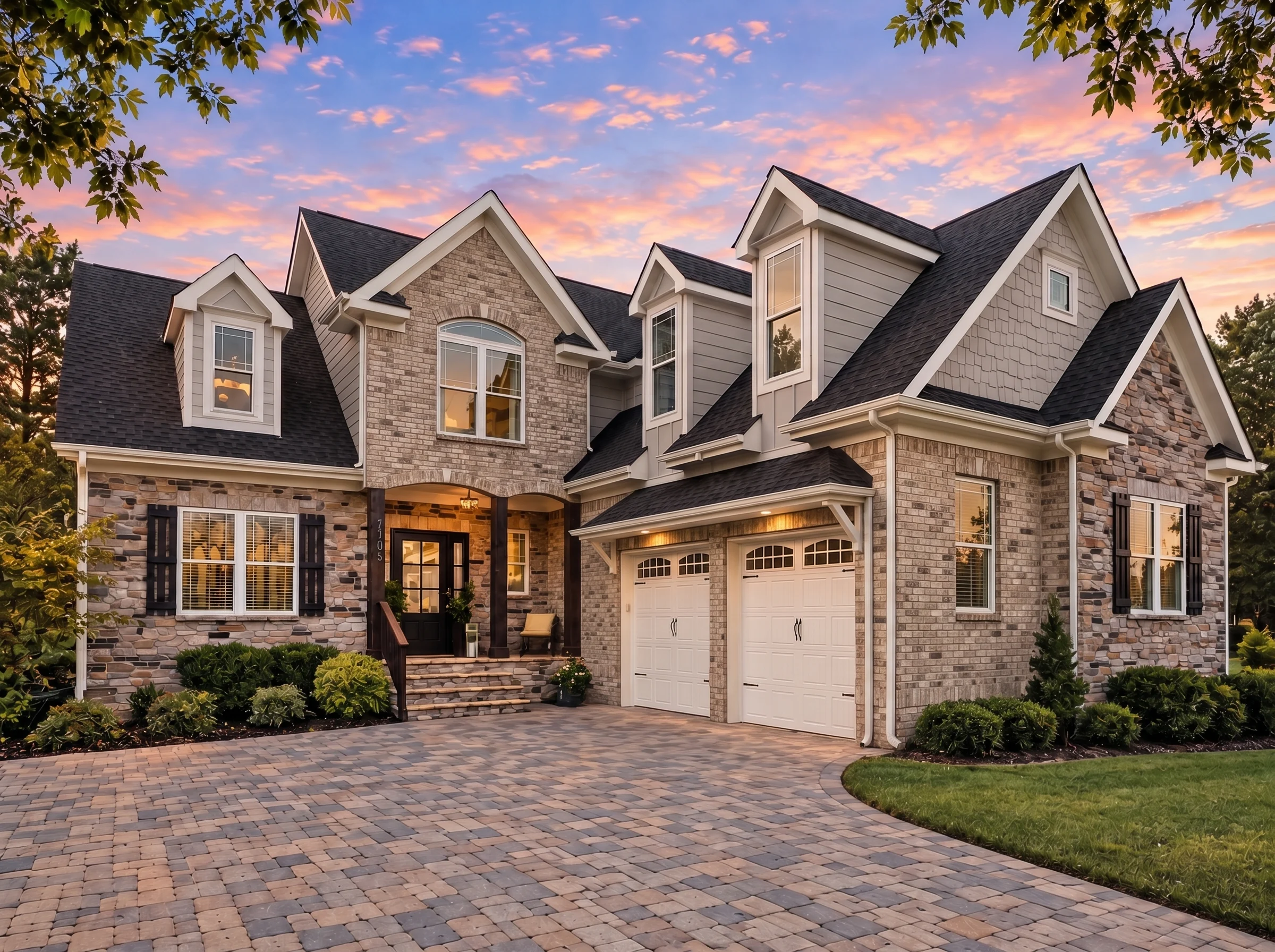 Plan  18-1304 – Butler Lodge | New  American – 3-Bed, 3-Bath, 2,482 SF - Natural Brick, AI-generated exterior concept