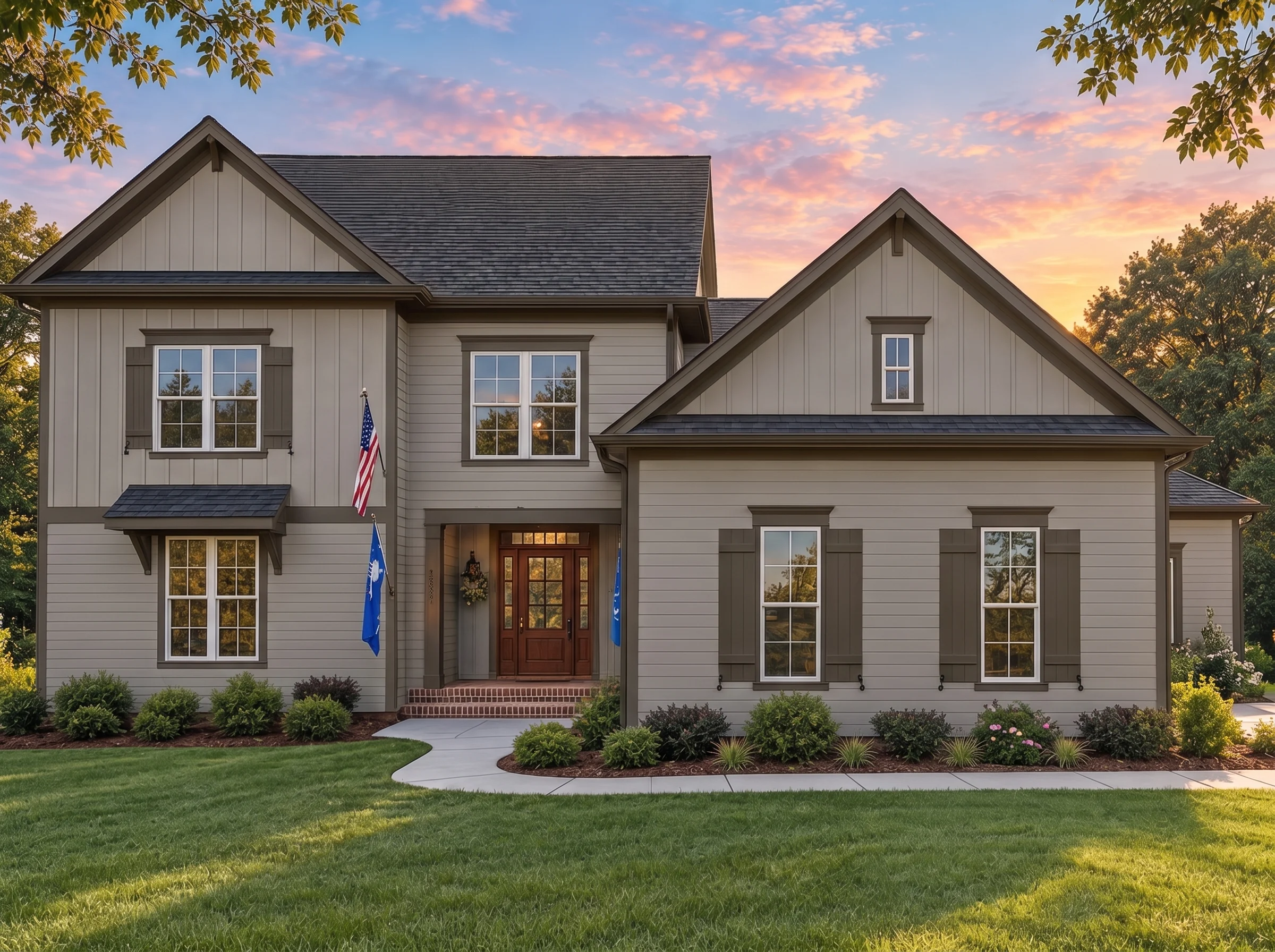 Plan  18-1360 – Aster Landing Cottage  | New American – 3-Bed, 2-Bath, 4,033 SF - Mushroom Taupe, AI-generated exterior concept