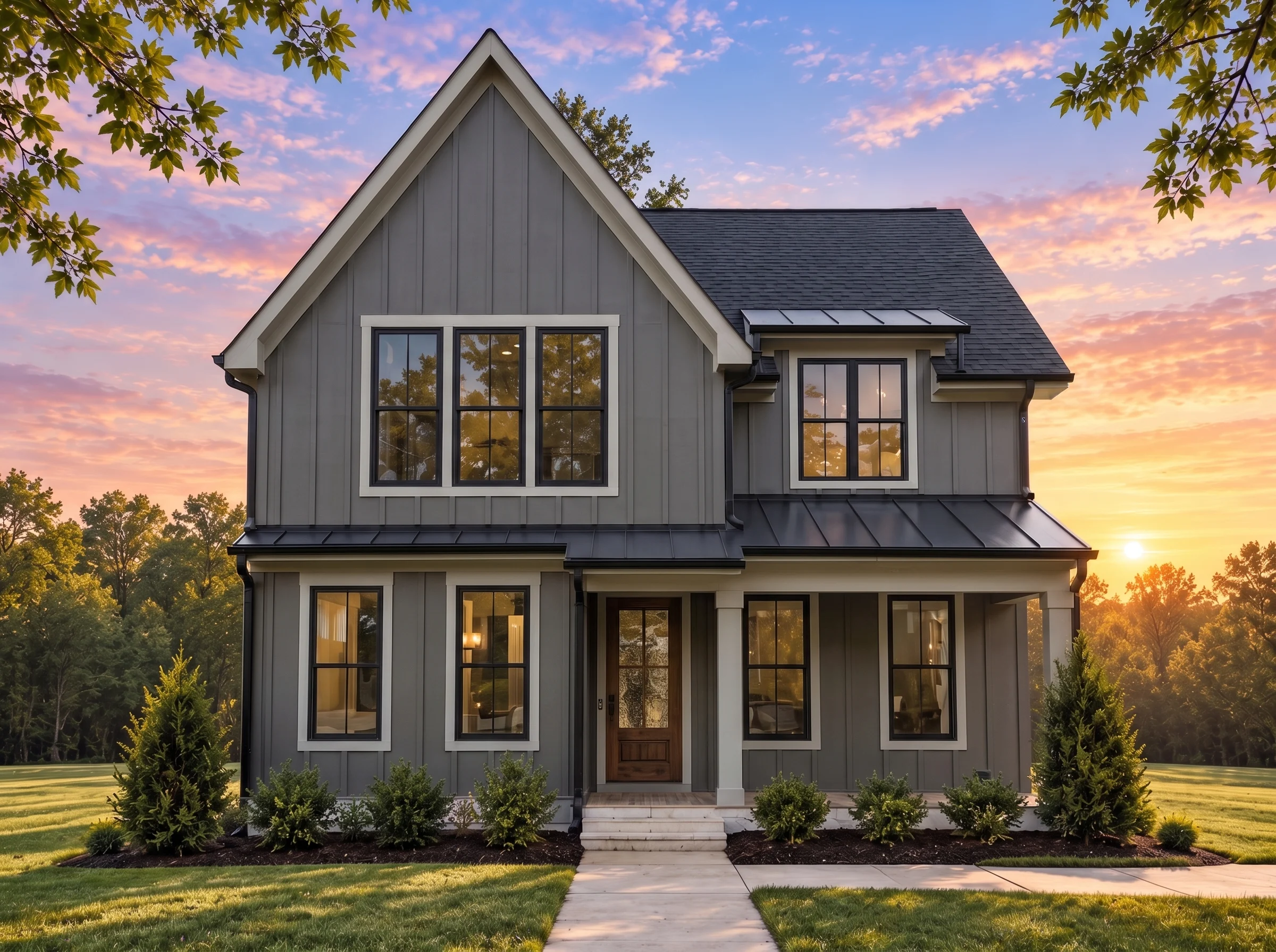 Plan  18-1409 – Aster View House |  New American – 4-Bed, 4-Bath, 3,469 SF - Warm Charcoal, AI-generated exterior concept
