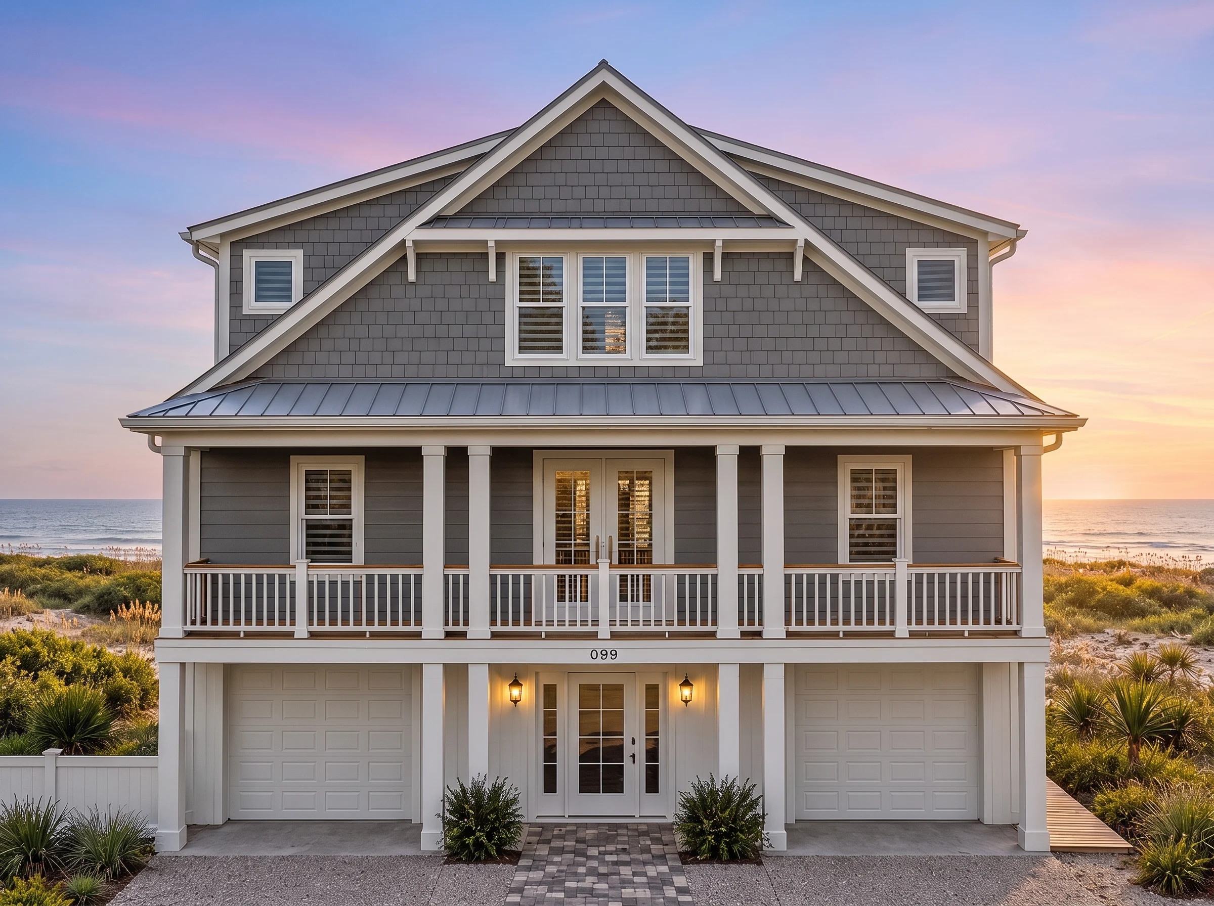 Plan  18-1410 – Auburn Terrace Lodge  | Coastal – 6-Bed, 5.5-Bath, 3,505 SF - Warm Charcoal, AI-generated exterior concept