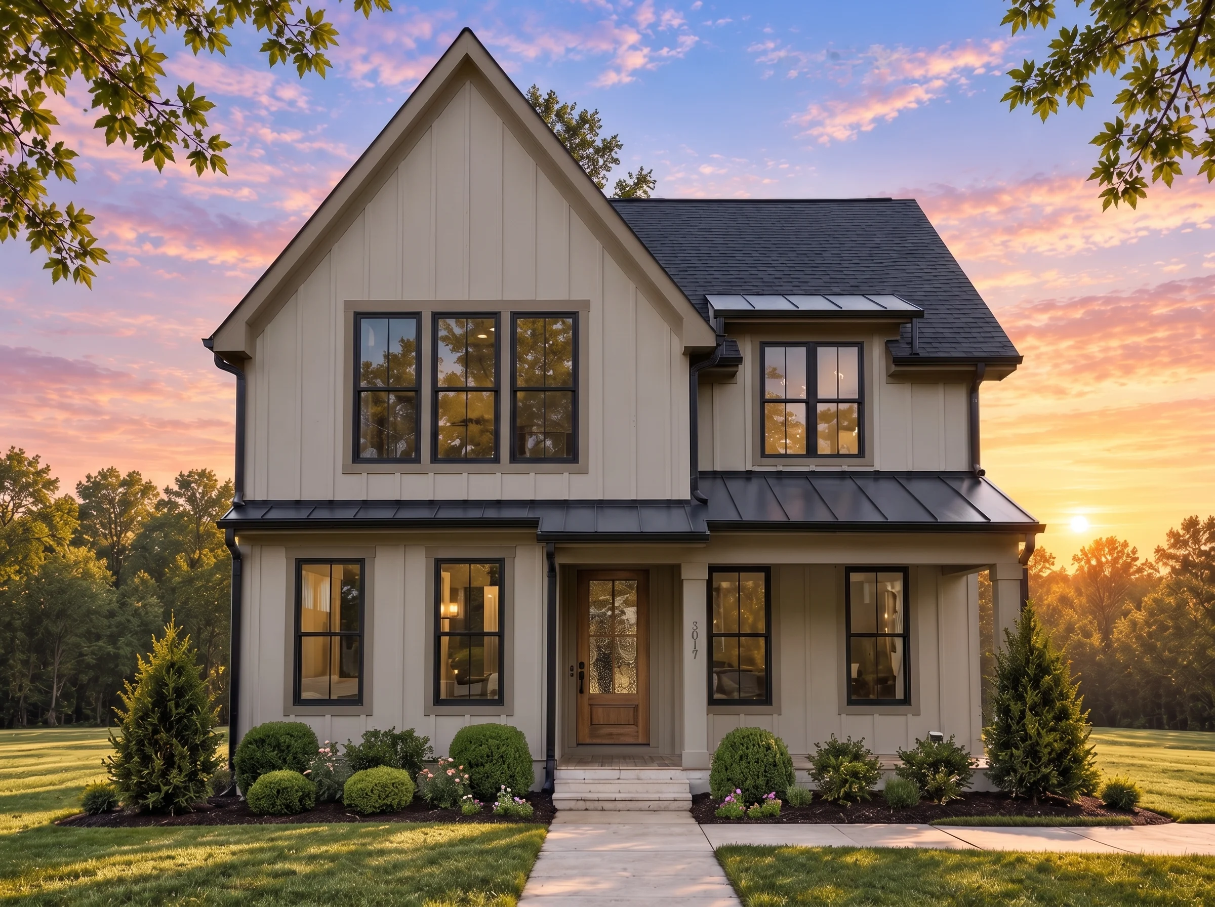 Plan  18-1409 – Aster View House |  New American – 4-Bed, 4-Bath, 3,469 SF - Mushroom Taupe, AI-generated exterior concept