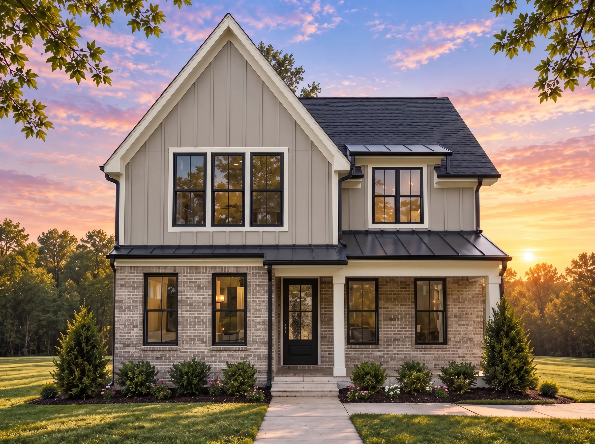 Plan  18-1409 – Aster View House |  New American – 4-Bed, 4-Bath, 3,469 SF - Natural Brick, AI-generated exterior concept