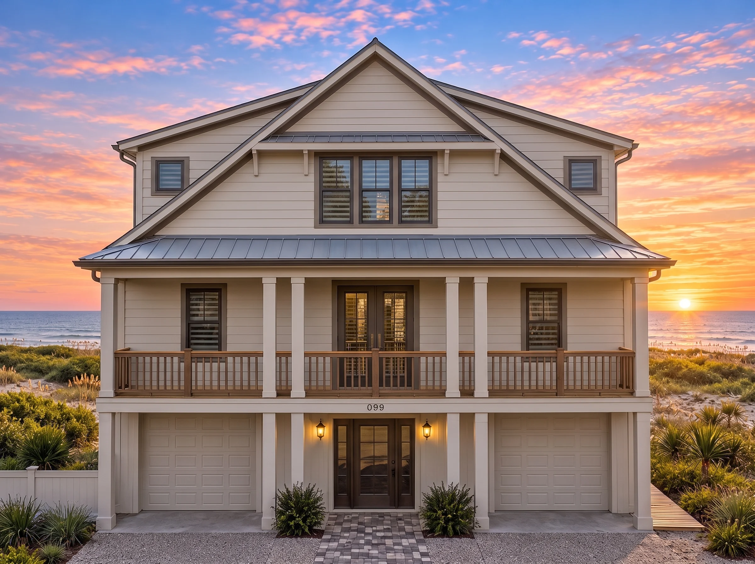 Plan  18-1410 – Auburn Terrace Lodge  | Coastal – 6-Bed, 5.5-Bath, 3,505 SF - Mushroom Taupe, AI-generated exterior concept