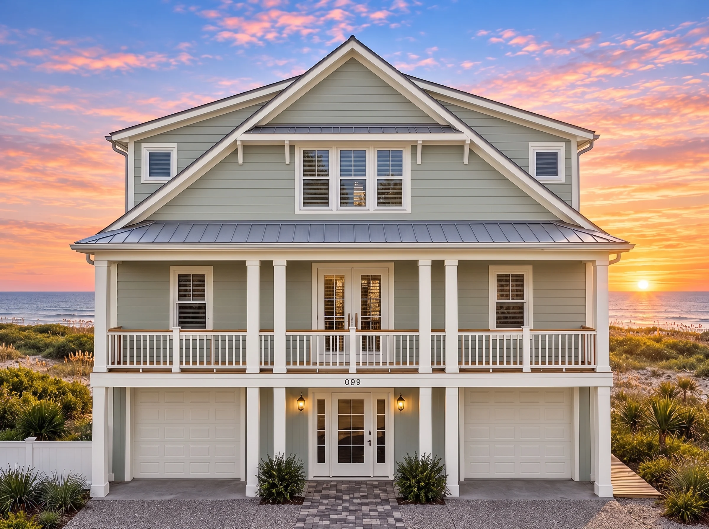 Plan  18-1410 – Auburn Terrace Lodge  | Coastal – 6-Bed, 5.5-Bath, 3,505 SF - Muted Sage, AI-generated exterior concept