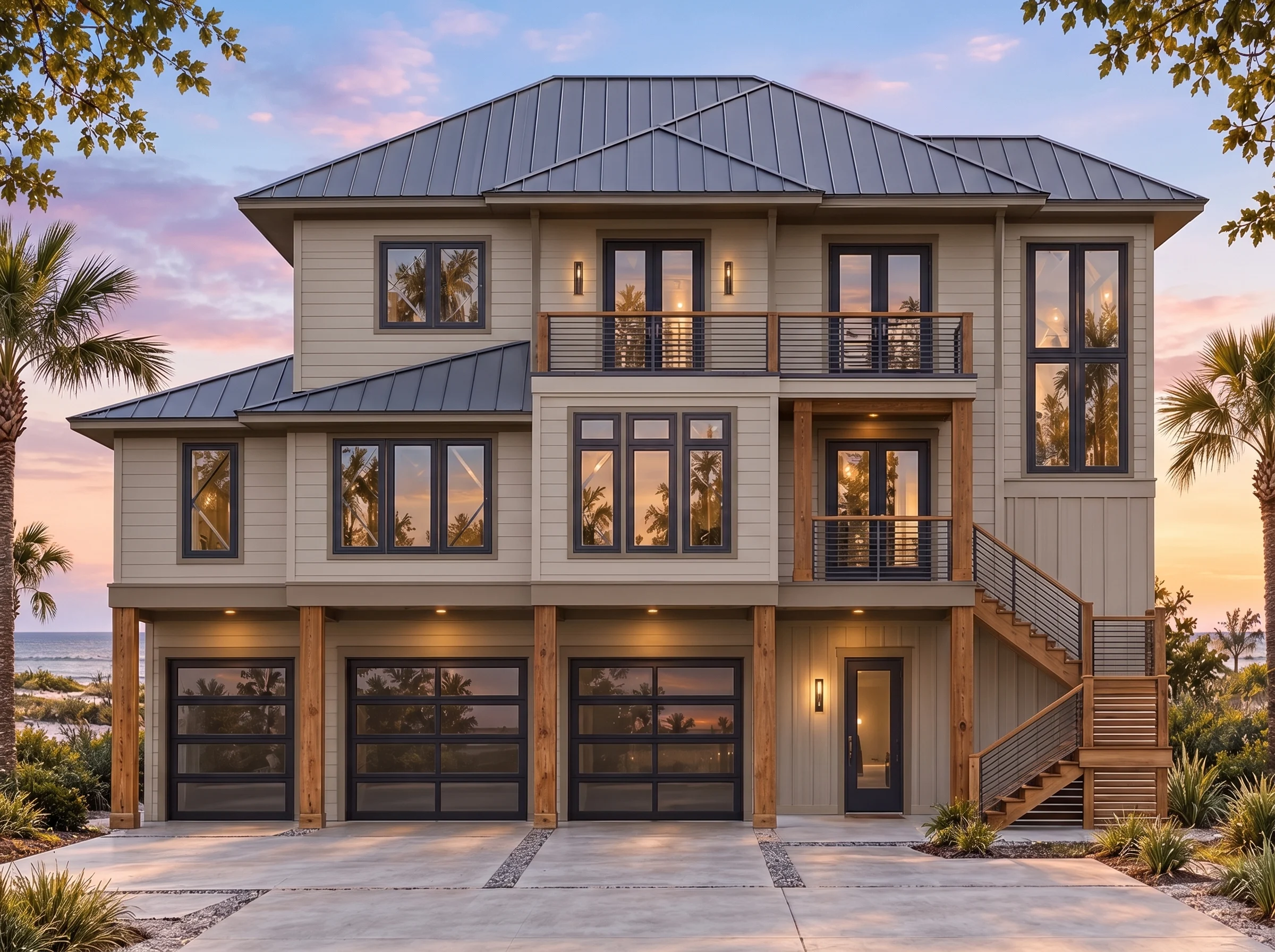 Plan  18-1415 – The Structure |  Coastal – 4-Bed, 3.5-Bath, 3,870 SF - Mushroom Taupe, AI-generated exterior concept