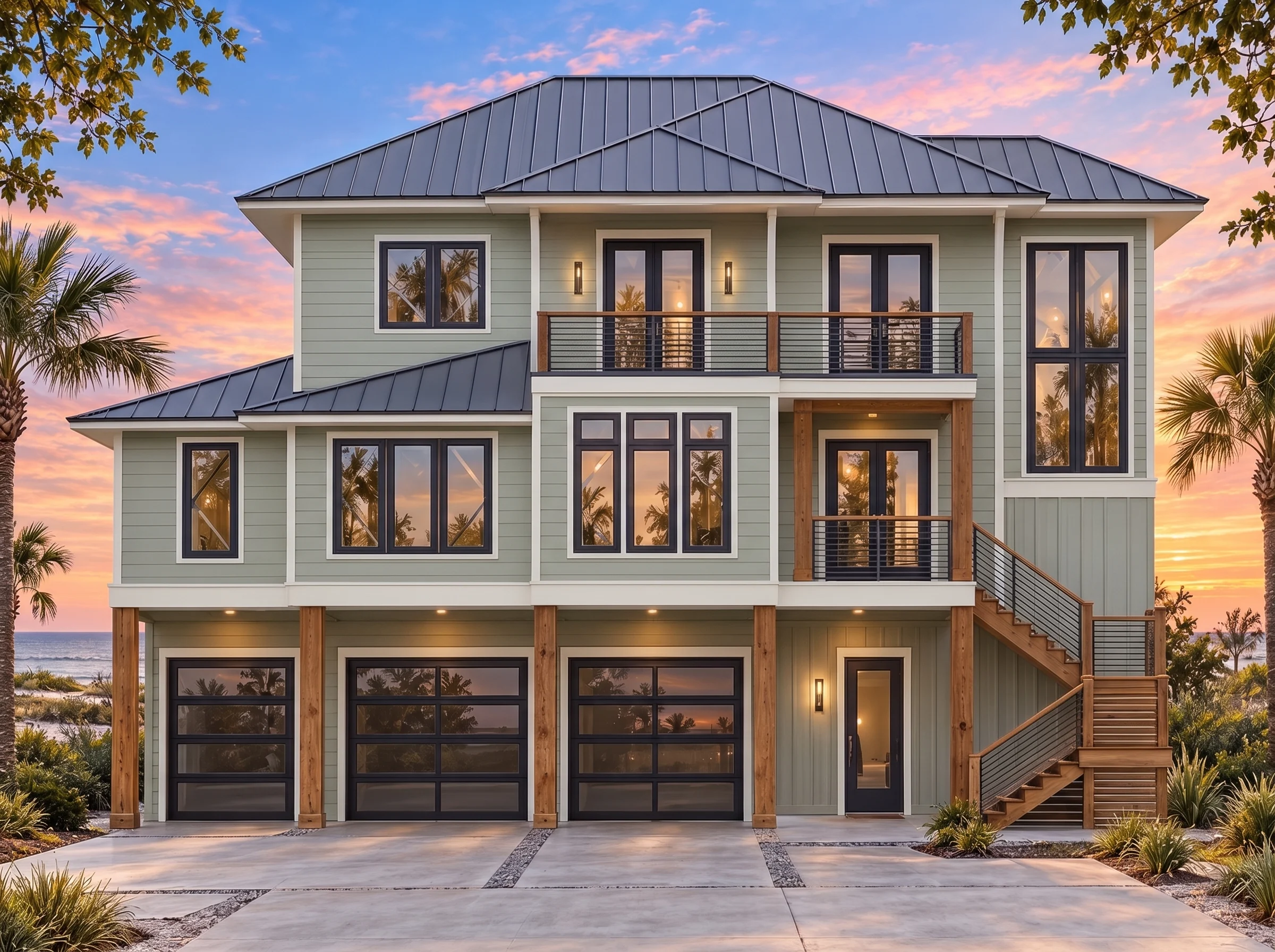 Plan  18-1415 – The Structure |  Coastal – 4-Bed, 3.5-Bath, 3,870 SF - Muted Sage, AI-generated exterior concept