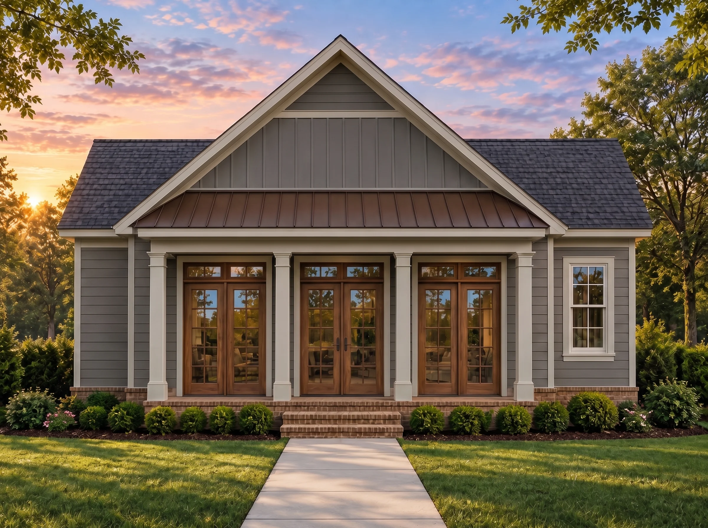 Plan  18-1457 – Auburn Pointe Chalet  | Farmhouse – 2-Bed, 2.5-Bath, 1,806 SF - Warm Charcoal, AI-generated exterior concept