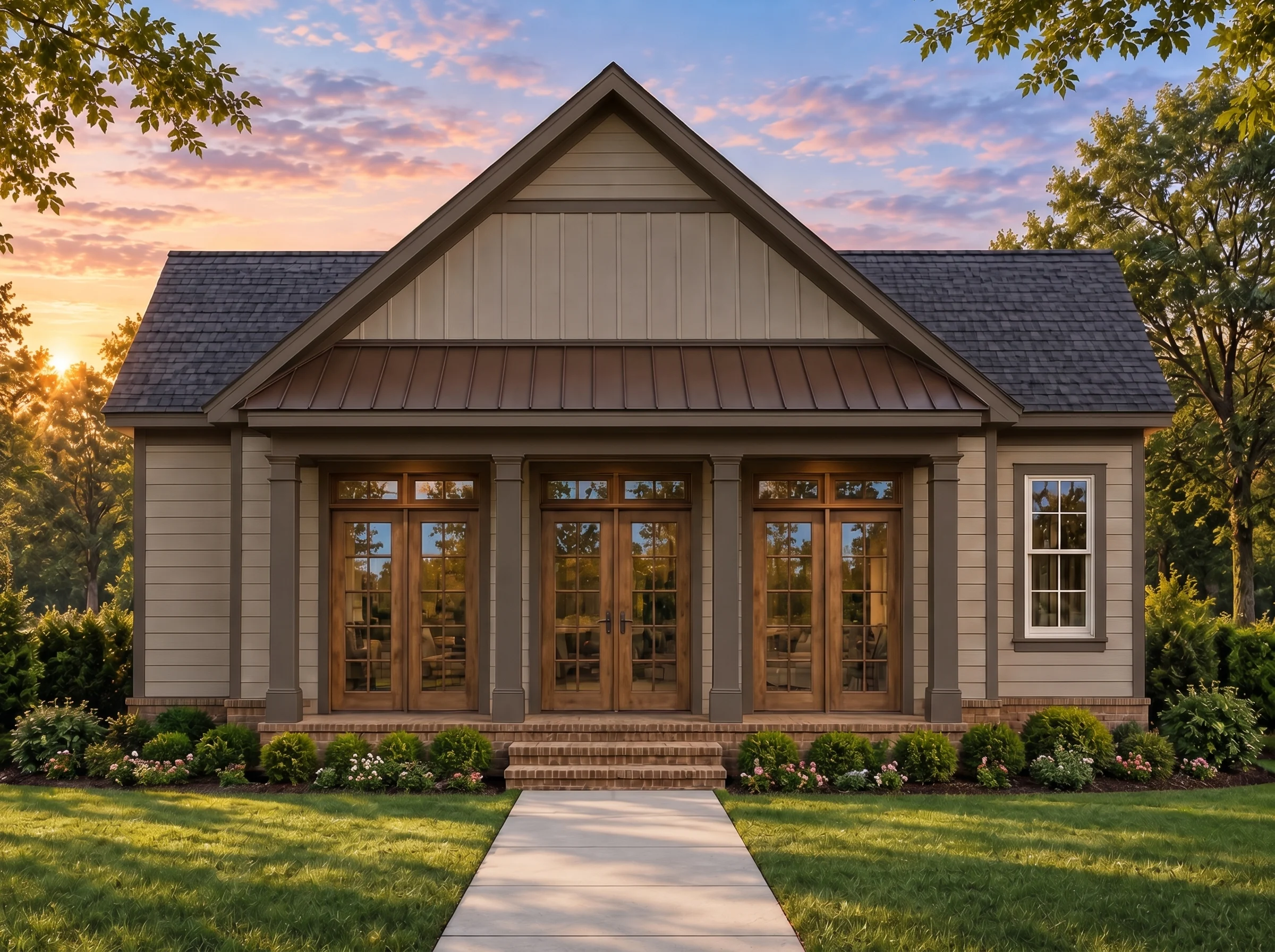 Plan  18-1457 – Auburn Pointe Chalet  | Farmhouse – 2-Bed, 2.5-Bath, 1,806 SF - Mushroom Taupe, AI-generated exterior concept