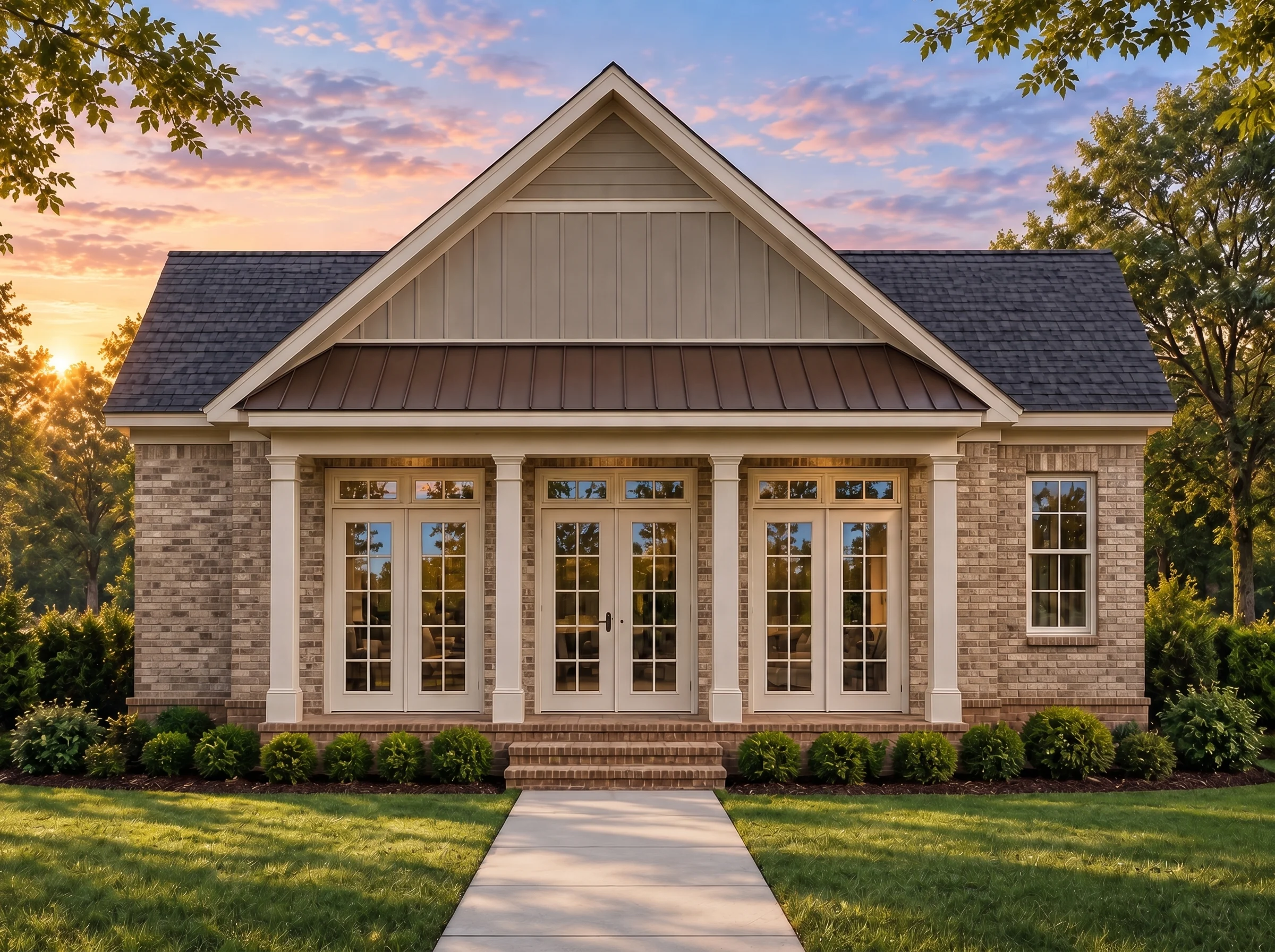 Plan  18-1457 – Auburn Pointe Chalet  | Farmhouse – 2-Bed, 2.5-Bath, 1,806 SF - Natural Brick, AI-generated exterior concept