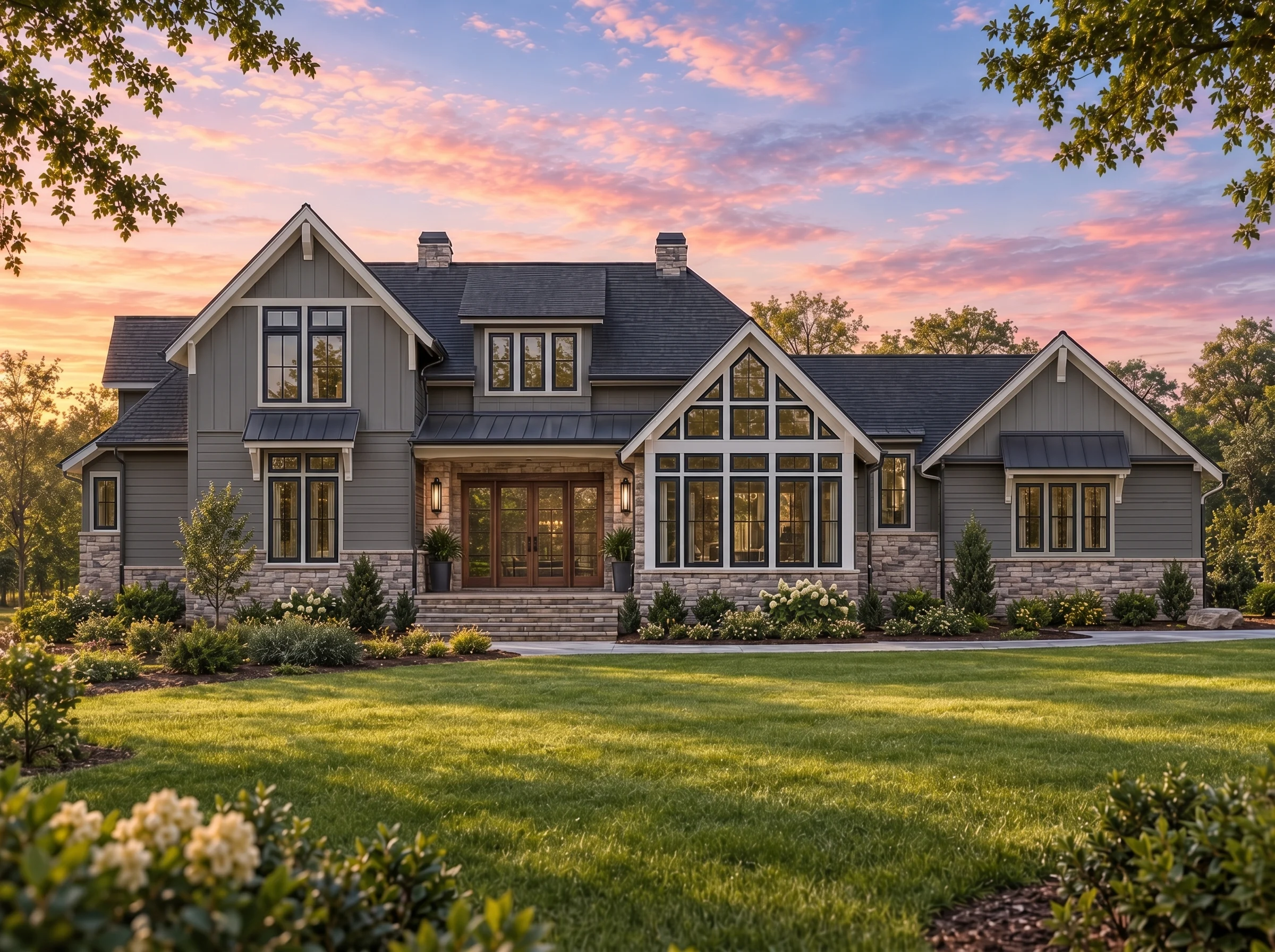 Plan  18-1433 – Deamwood | Shingle  Style – 4-Bed, 3.5-Bath, 3,436 SF - Warm Charcoal, AI-generated exterior concept