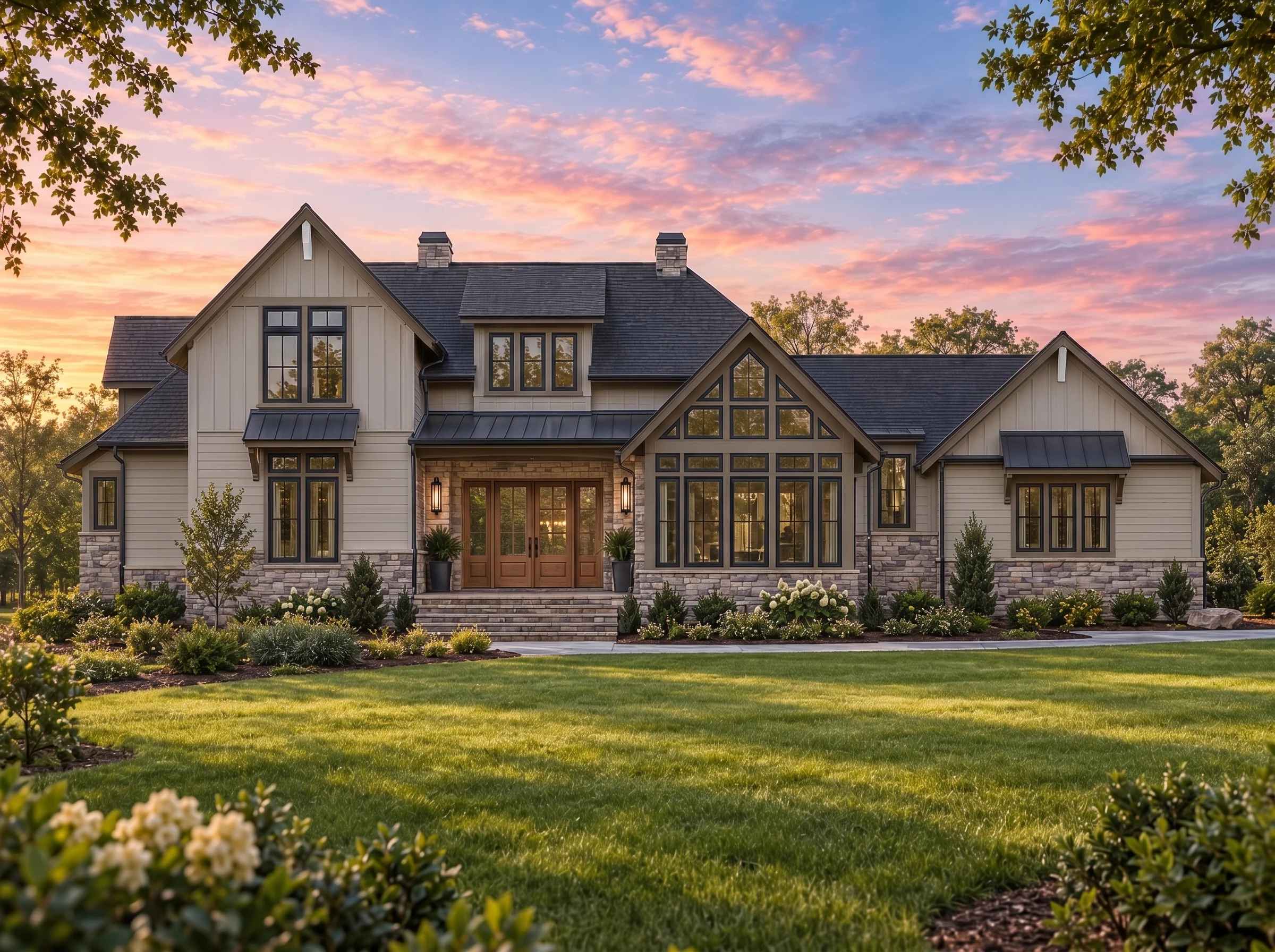 Plan  18-1433 – Deamwood | Shingle  Style – 4-Bed, 3.5-Bath, 3,436 SF - Mushroom Taupe, AI-generated exterior concept