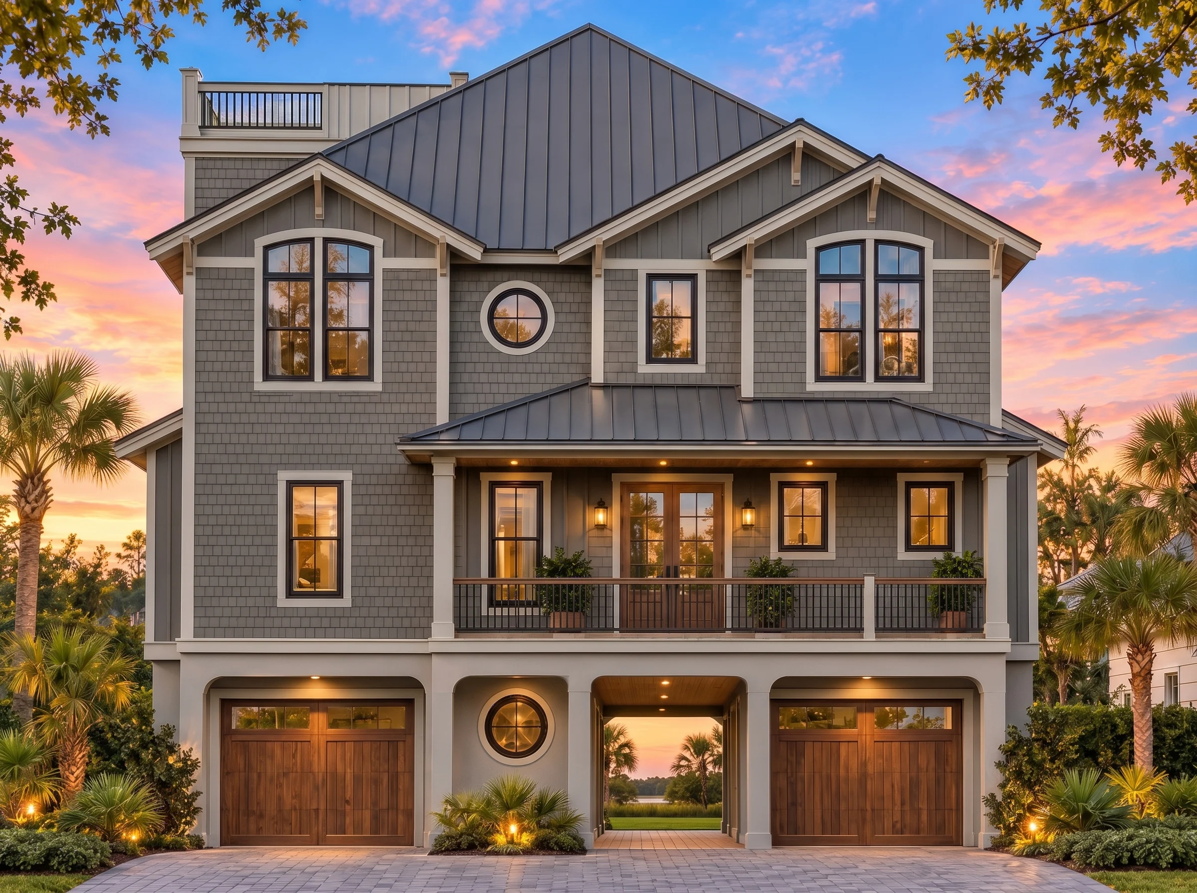 Plan  18-1513 – Brown Lodge |  Coastal Traditional – 4-Bed, 5-Bath, 4,323 SF - Warm Charcoal, AI-generated exterior concept