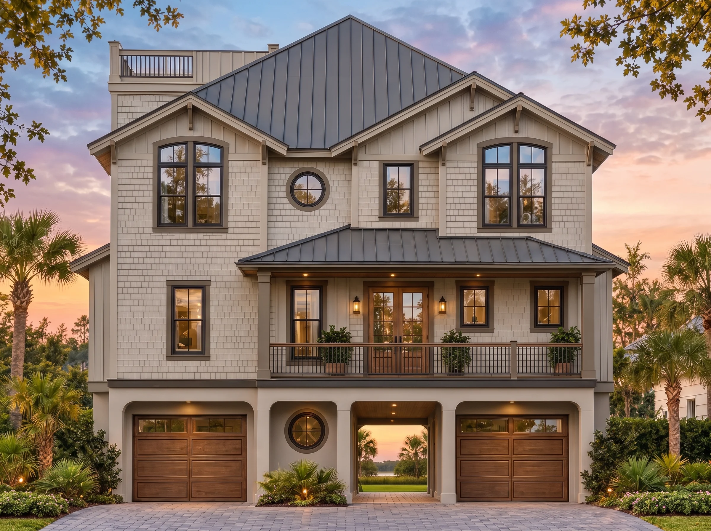 Plan  18-1513 – Brown Lodge |  Coastal Traditional – 4-Bed, 5-Bath, 4,323 SF - Mushroom Taupe, AI-generated exterior concept