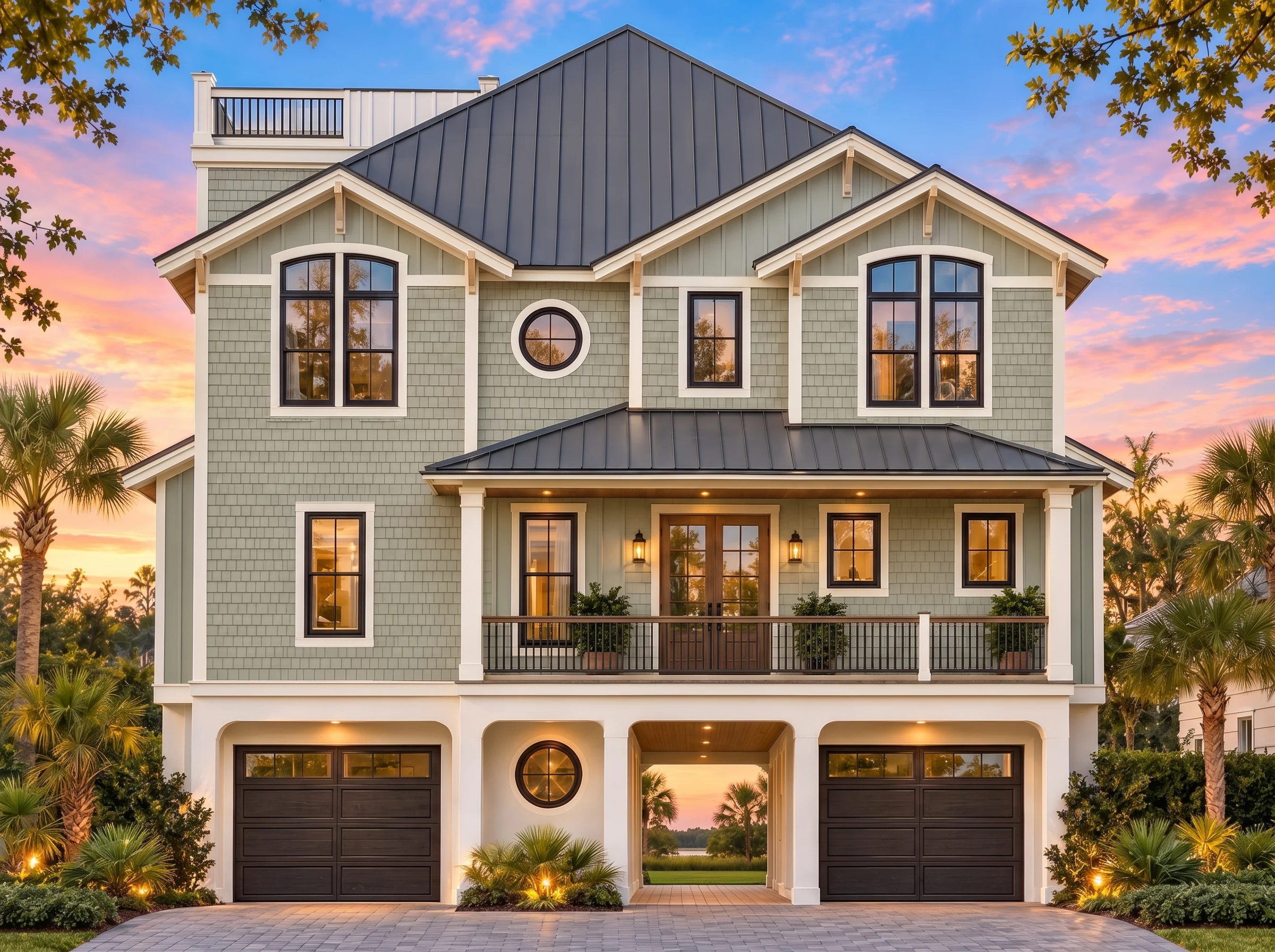 Plan  18-1513 – Brown Lodge |  Coastal Traditional – 4-Bed, 5-Bath, 4,323 SF - Muted Sage, AI-generated exterior concept