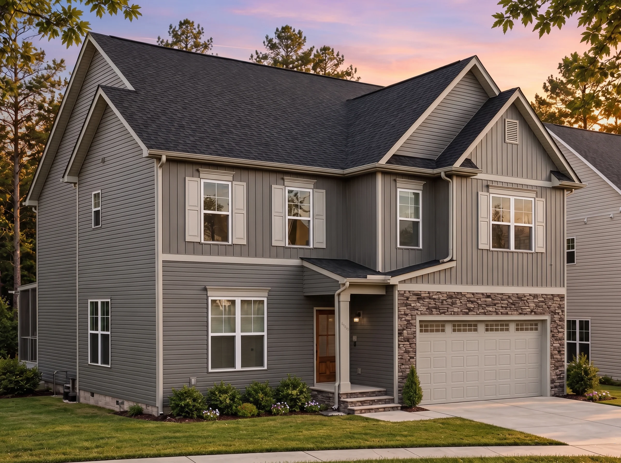 Plan  18-1564 – The Wilson Farmhouse  | New American – 4-Bed, 3.5-Bath, 2,274 SF - Warm Charcoal, AI-generated exterior concept
