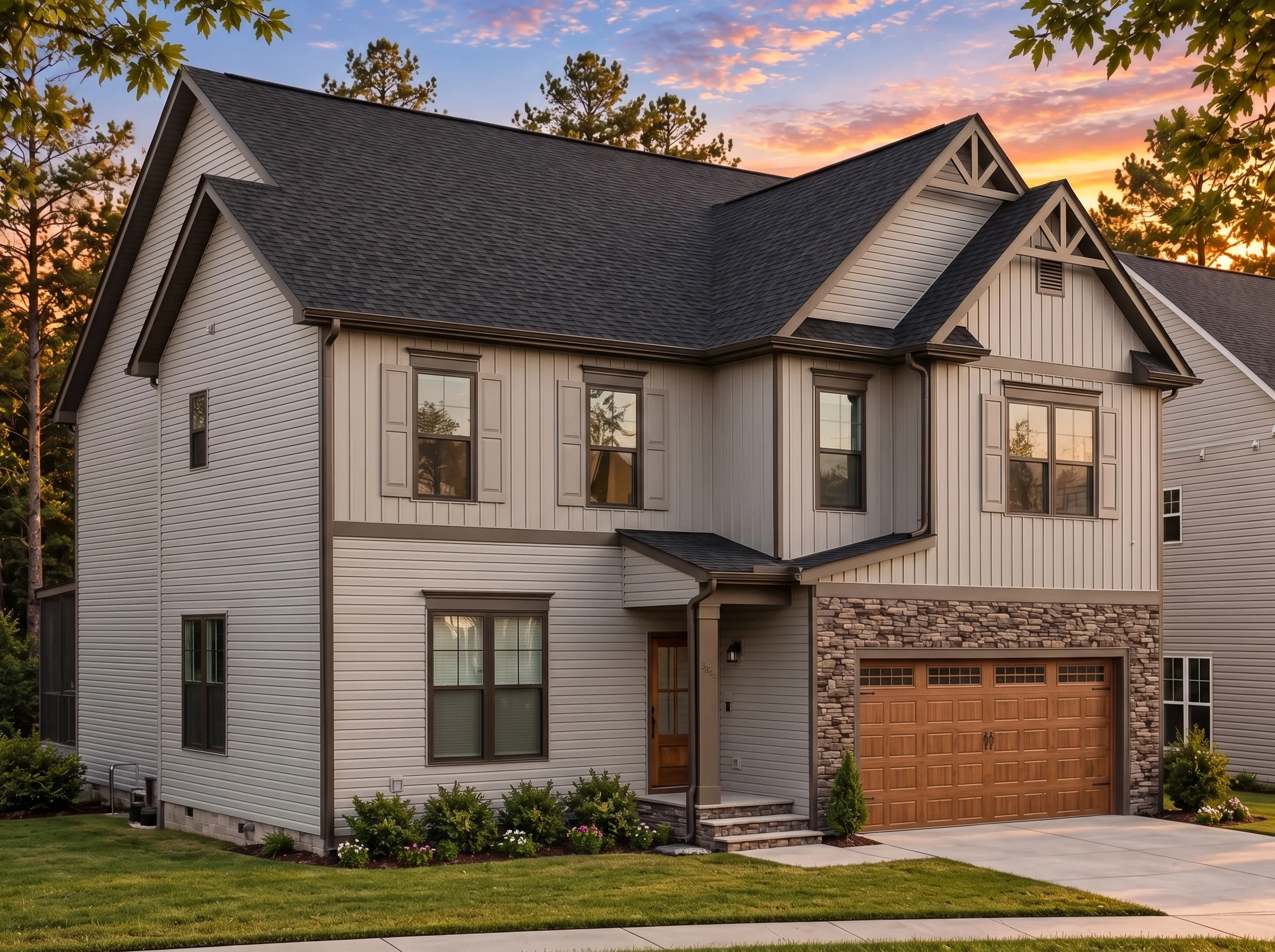 Plan  18-1564 – The Wilson Farmhouse  | New American – 4-Bed, 3.5-Bath, 2,274 SF - Mushroom Taupe, AI-generated exterior concept
