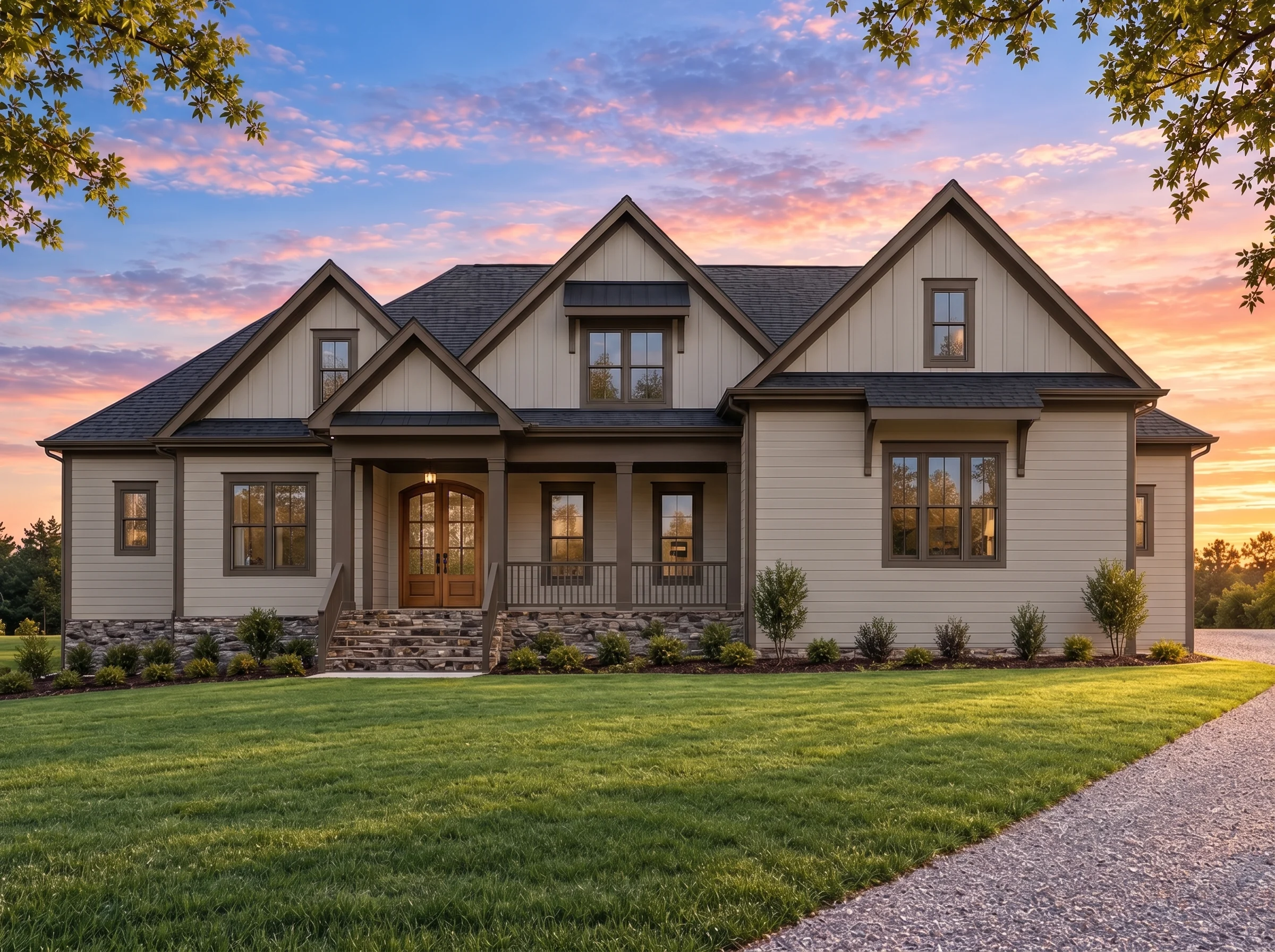 Plan  18-1578 – Moore Ridge | New  American – 4-Bed, 5-Bath, 4,067 SF - Mushroom Taupe, AI-generated exterior concept