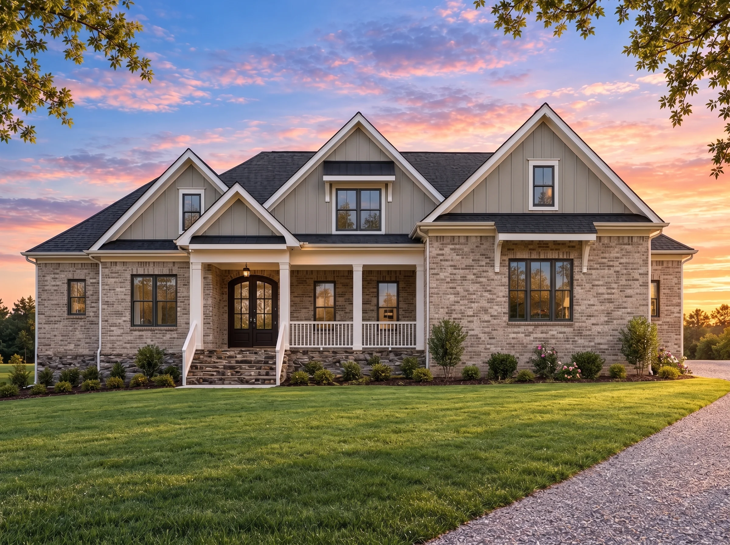 Plan  18-1578 – Moore Ridge | New  American – 4-Bed, 5-Bath, 4,067 SF - Natural Brick, AI-generated exterior concept